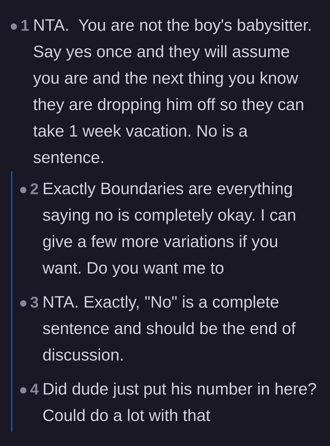 Comment thread 1 - Readers warning the author that saying yes to babysitting even once will lead to them taking advantage of her.