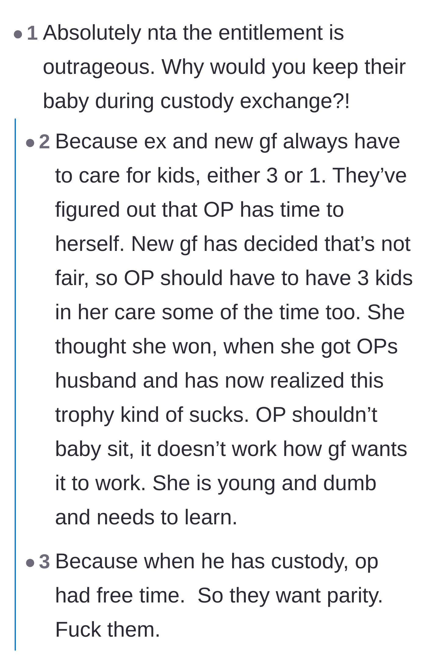 Comment thread 6 - Discussion on why the ex and girlfriend want the author to babysit, concluding they are jealous of her free time.
