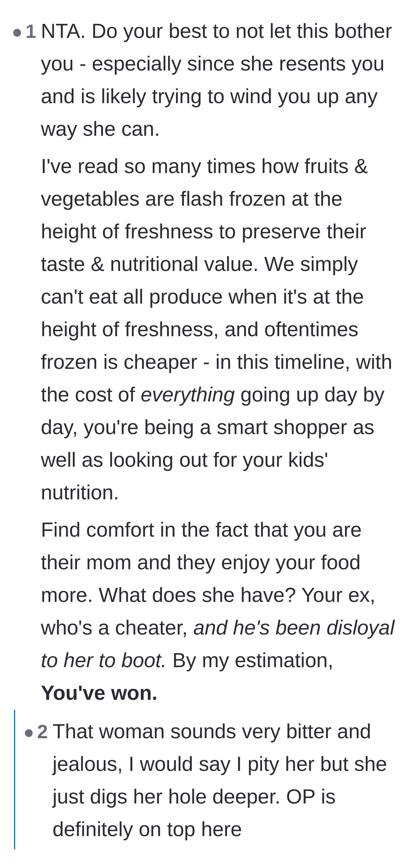 Comment thread 1 - Readers discussing the actual nutritional value of frozen vegetables and analyzing the stepmom's deep-seated jealousy over the ex-husband.