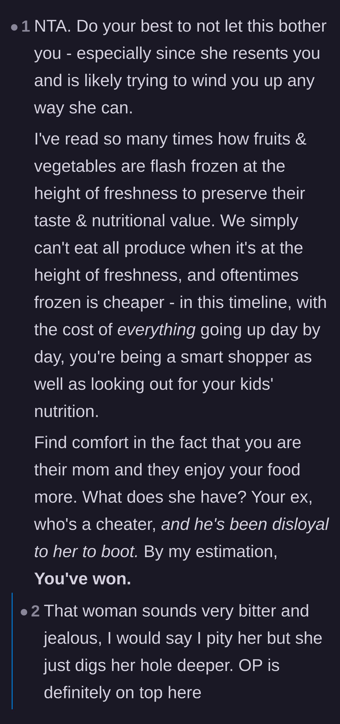 Comment thread 1 - Readers discussing the actual nutritional value of frozen vegetables and analyzing the stepmom's deep-seated jealousy over the ex-husband.