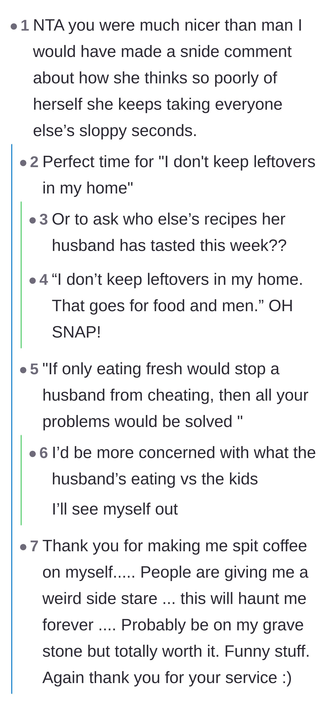 Comment thread 2 - Humorous replies suggesting snappy comebacks about not keeping leftovers, referencing both the frozen food and the cheating husband.