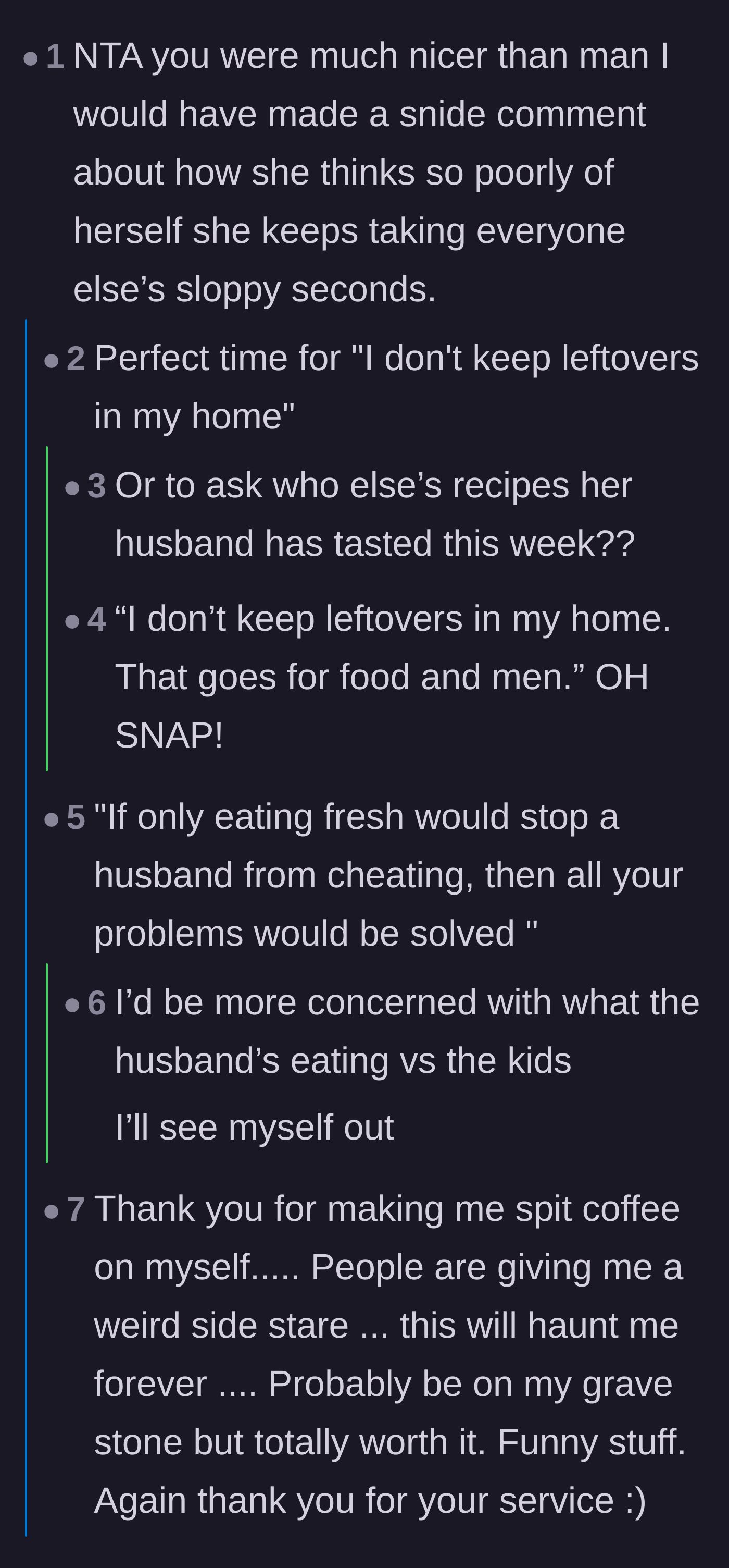 Comment thread 2 - Humorous replies suggesting snappy comebacks about not keeping leftovers, referencing both the frozen food and the cheating husband.