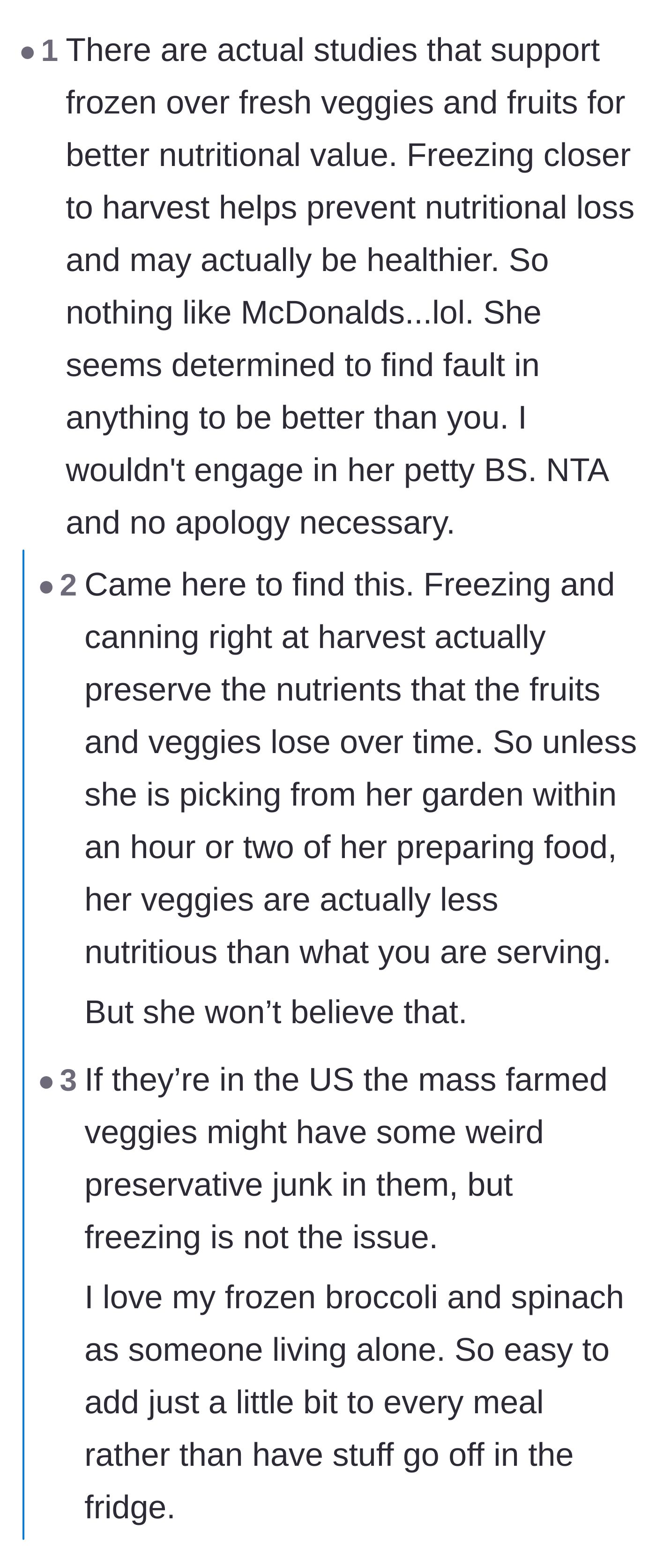 Comment thread 4 - Commenters sharing facts and scientific studies proving that flash-frozen vegetables often retain more nutrients than fresh produce.