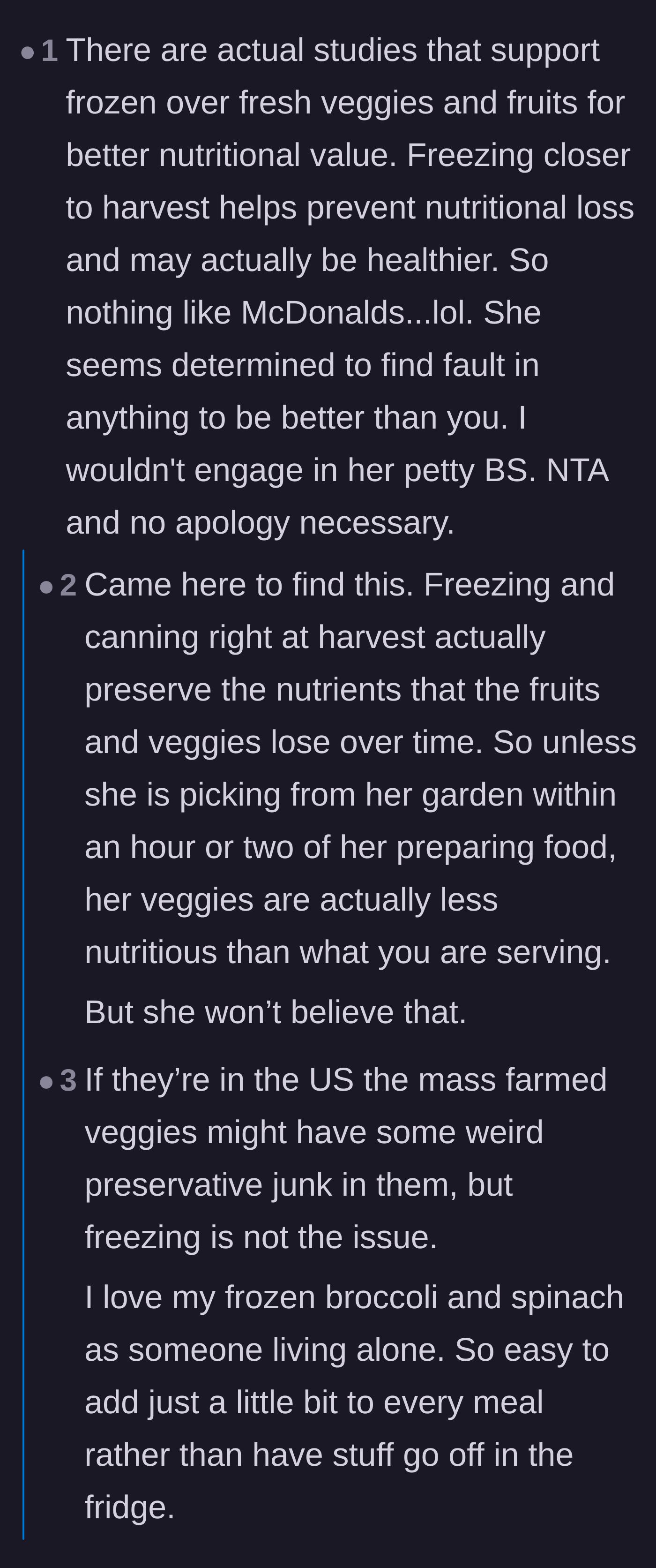 Comment thread 4 - Commenters sharing facts and scientific studies proving that flash-frozen vegetables often retain more nutrients than fresh produce.