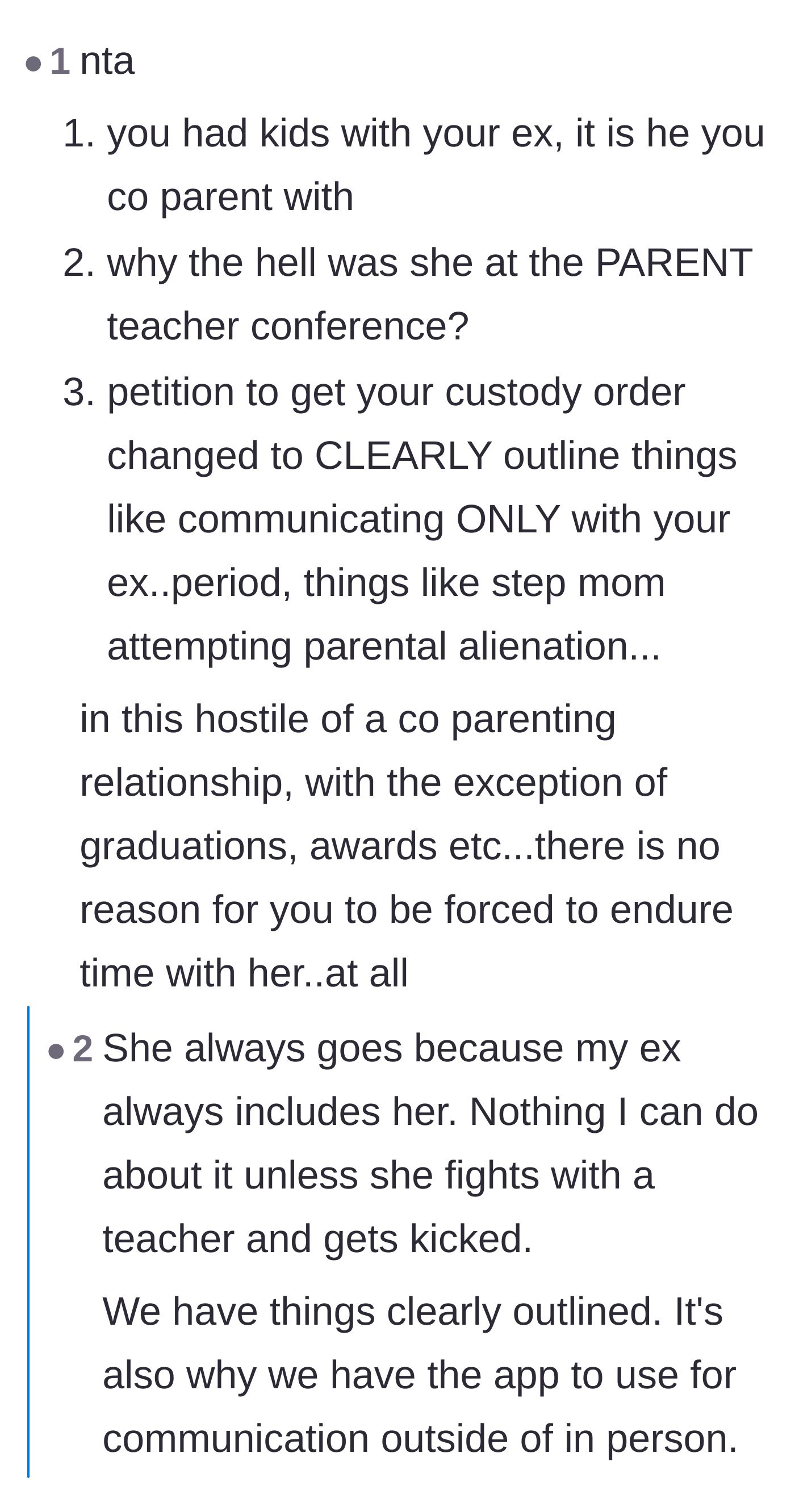 Comment thread 6 - Debating boundaries, court orders, and whether the stepmom should even be allowed at parent-teacher conferences given her toxic behavior.
