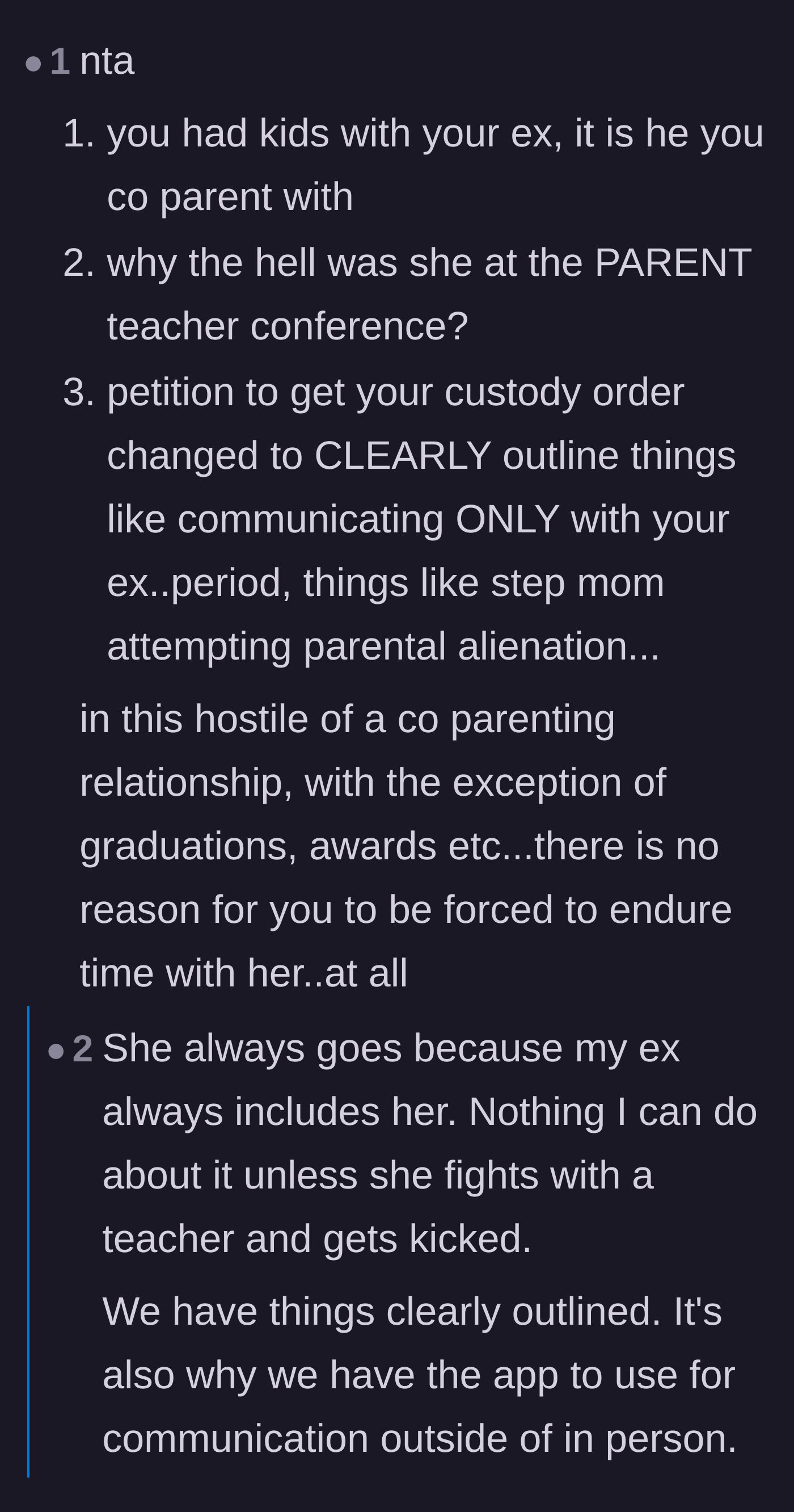 Comment thread 6 - Debating boundaries, court orders, and whether the stepmom should even be allowed at parent-teacher conferences given her toxic behavior.