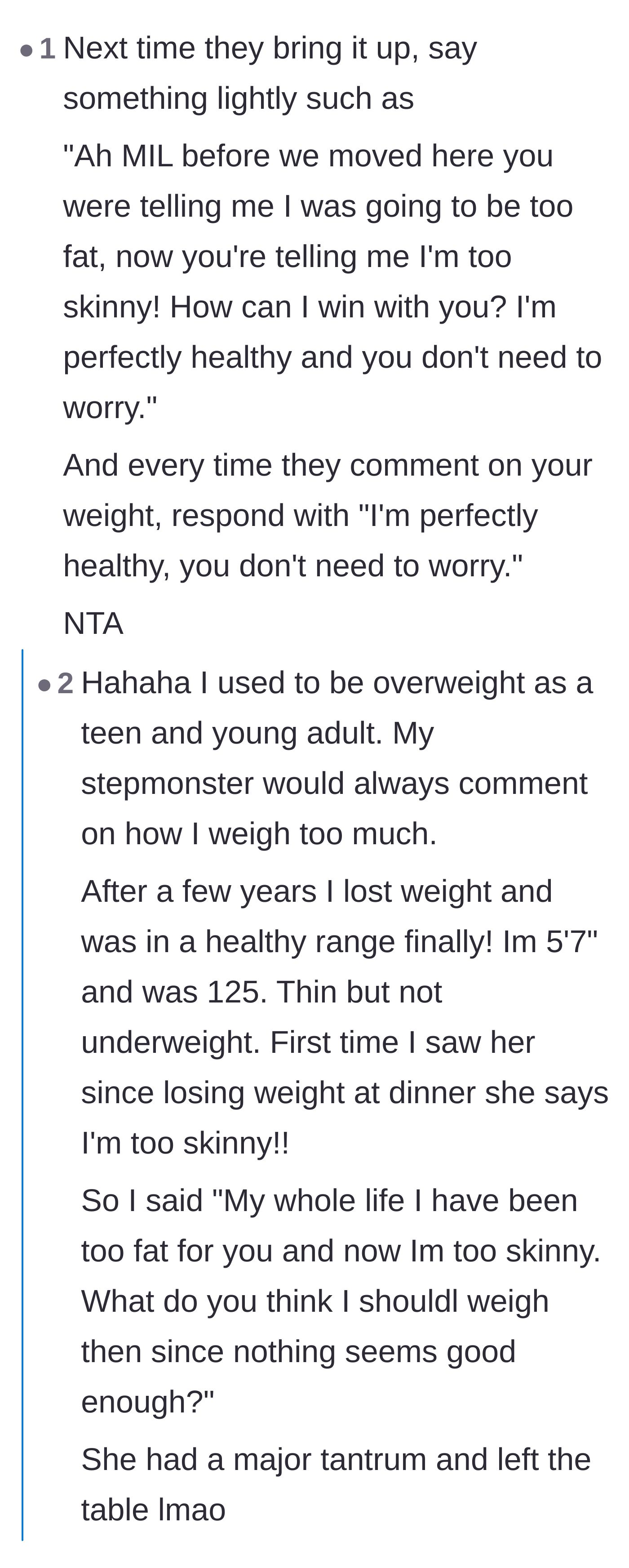 Comment thread 2 - Suggested scripts for confronting the mother-in-law's shifting complaints and obsession with the author's weight.