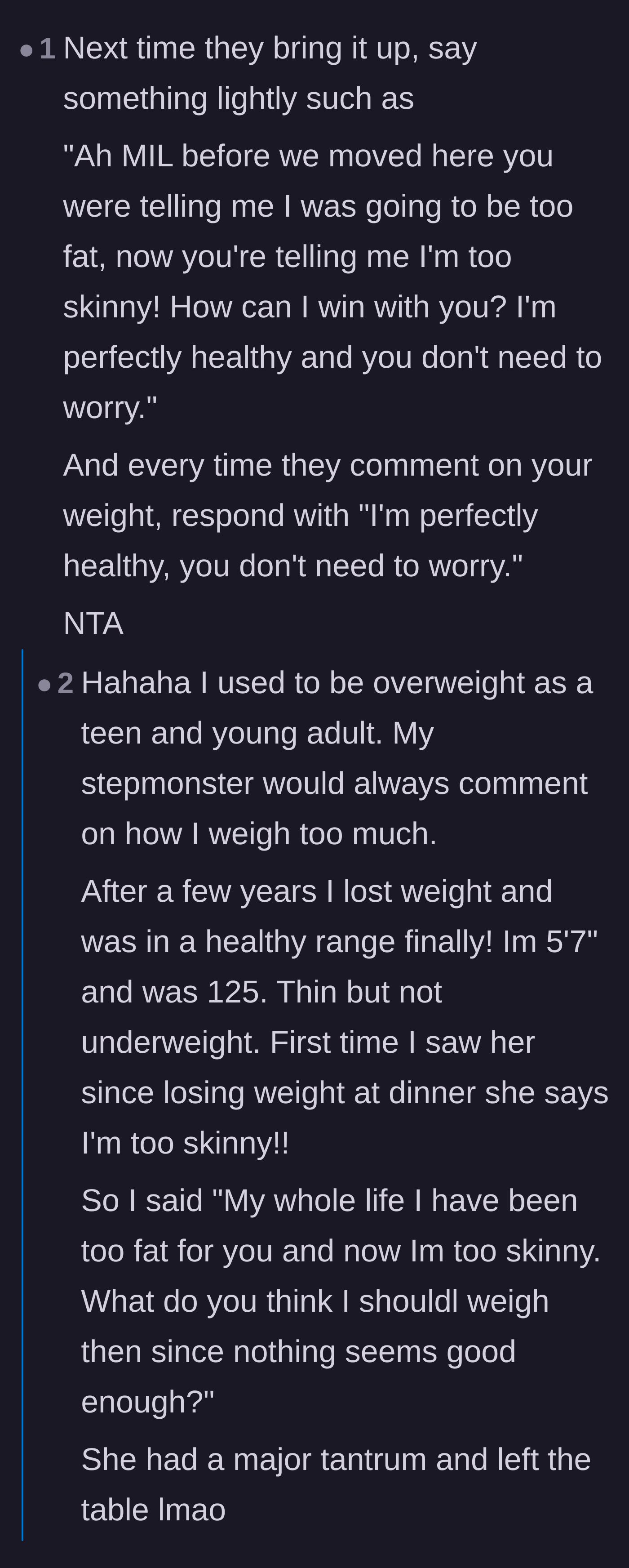 Comment thread 2 - Suggested scripts for confronting the mother-in-law's shifting complaints and obsession with the author's weight.