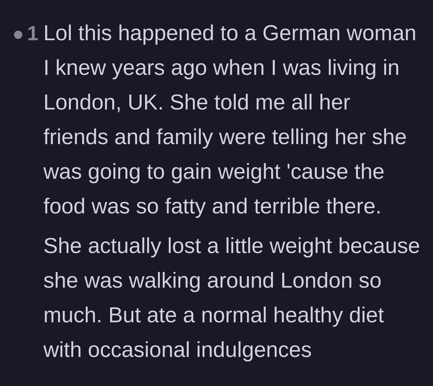 Comment thread 5 - An anecdote about a similar situation where an expat lost weight simply from exploring a new city.