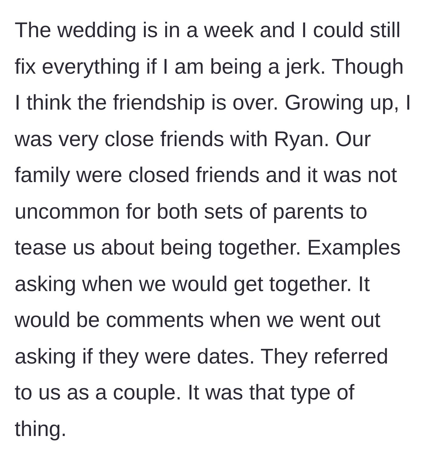 Story part 1 - Explaining the deep childhood bond and parental teasing about them dating.