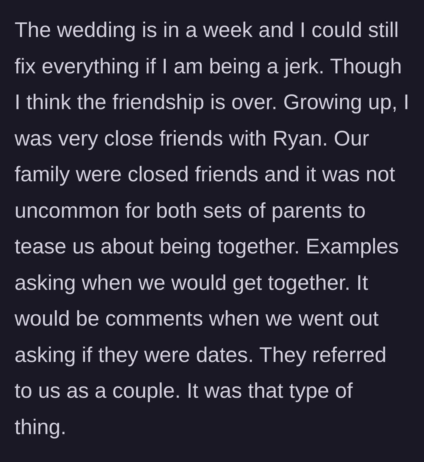 Story part 1 - Explaining the deep childhood bond and parental teasing about them dating.