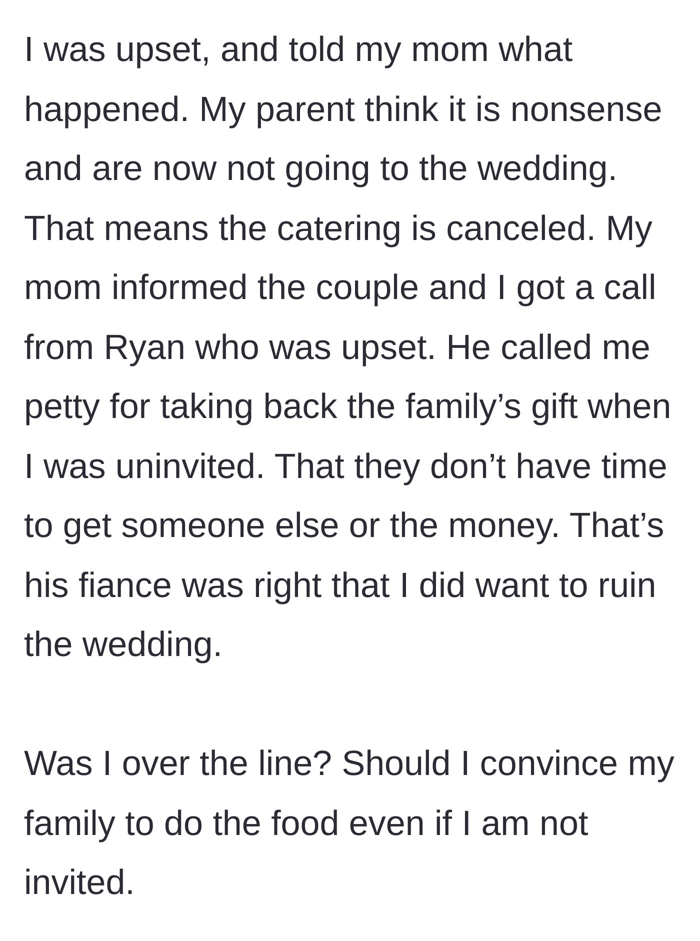 Story part 4 - The mother canceling the catering in retaliation, and the groom throwing a massive tantrum.