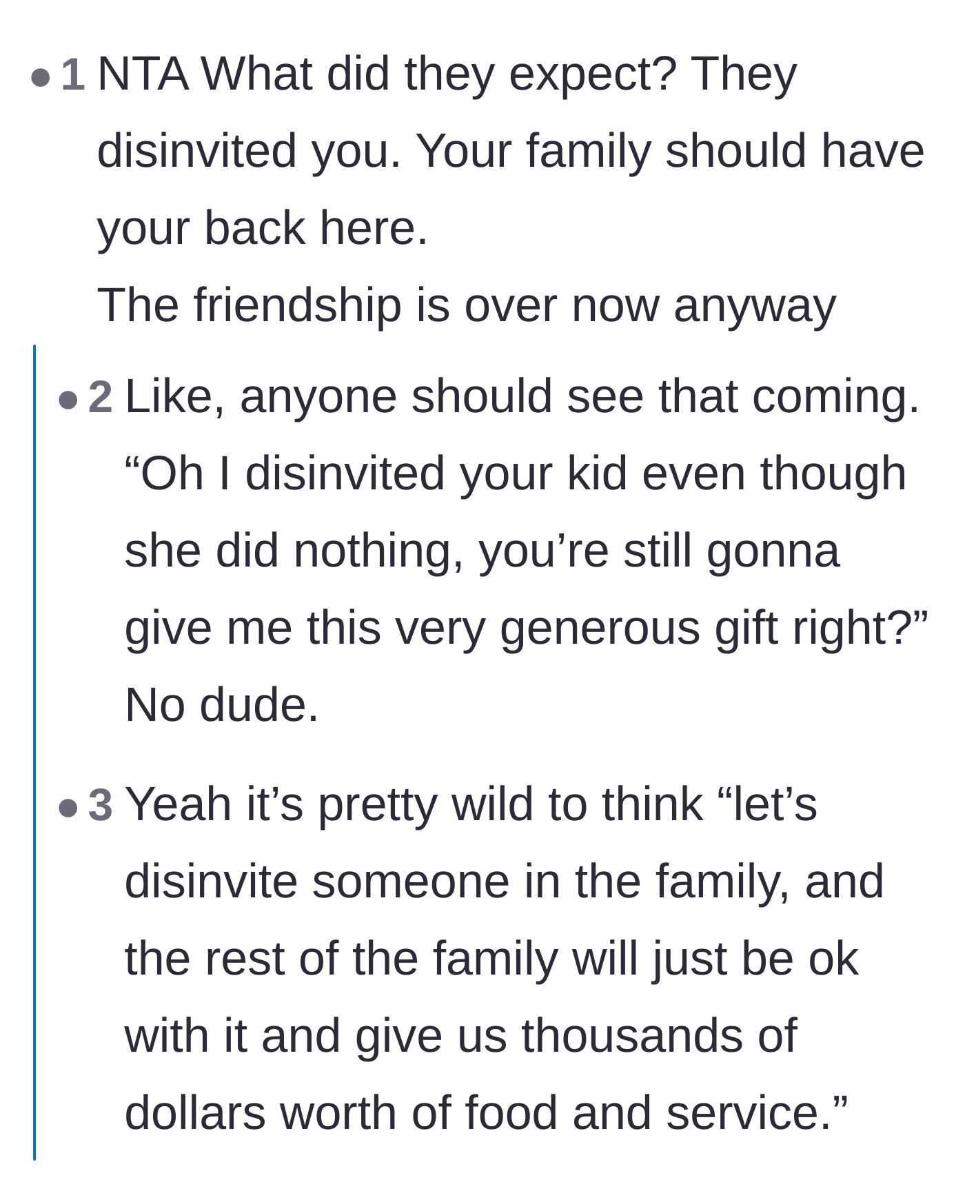 Comment thread 4 - Highlighting the wild entitlement of expecting a massive gift after disrespecting a family member
