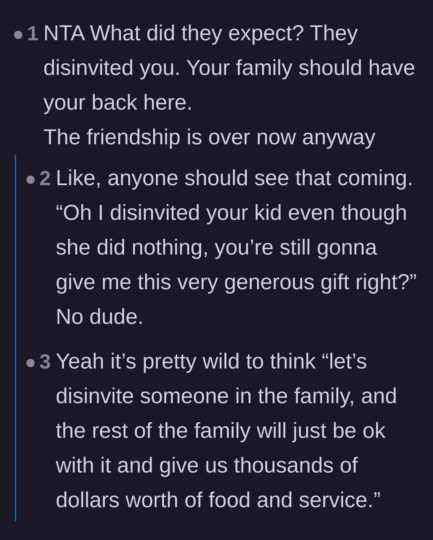 Comment thread 4 - Highlighting the wild entitlement of expecting a massive gift after disrespecting a family member
