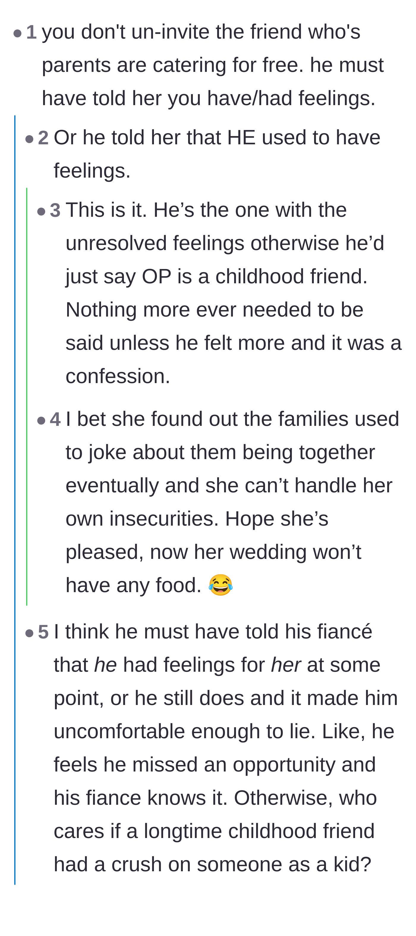 Comment thread 5 - Speculation that the groom had lingering feelings or the bride couldn't handle the hometown shipping jokes