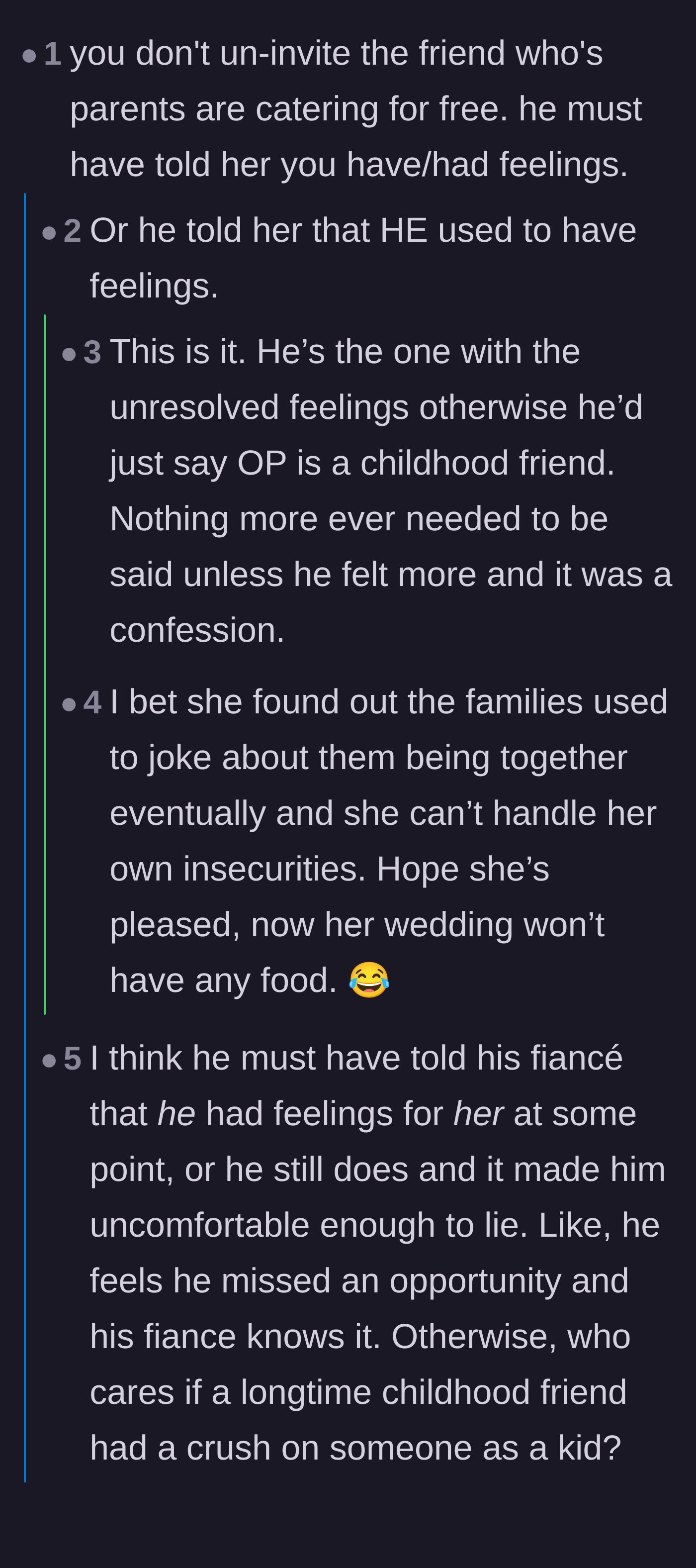 Comment thread 5 - Speculation that the groom had lingering feelings or the bride couldn't handle the hometown shipping jokes