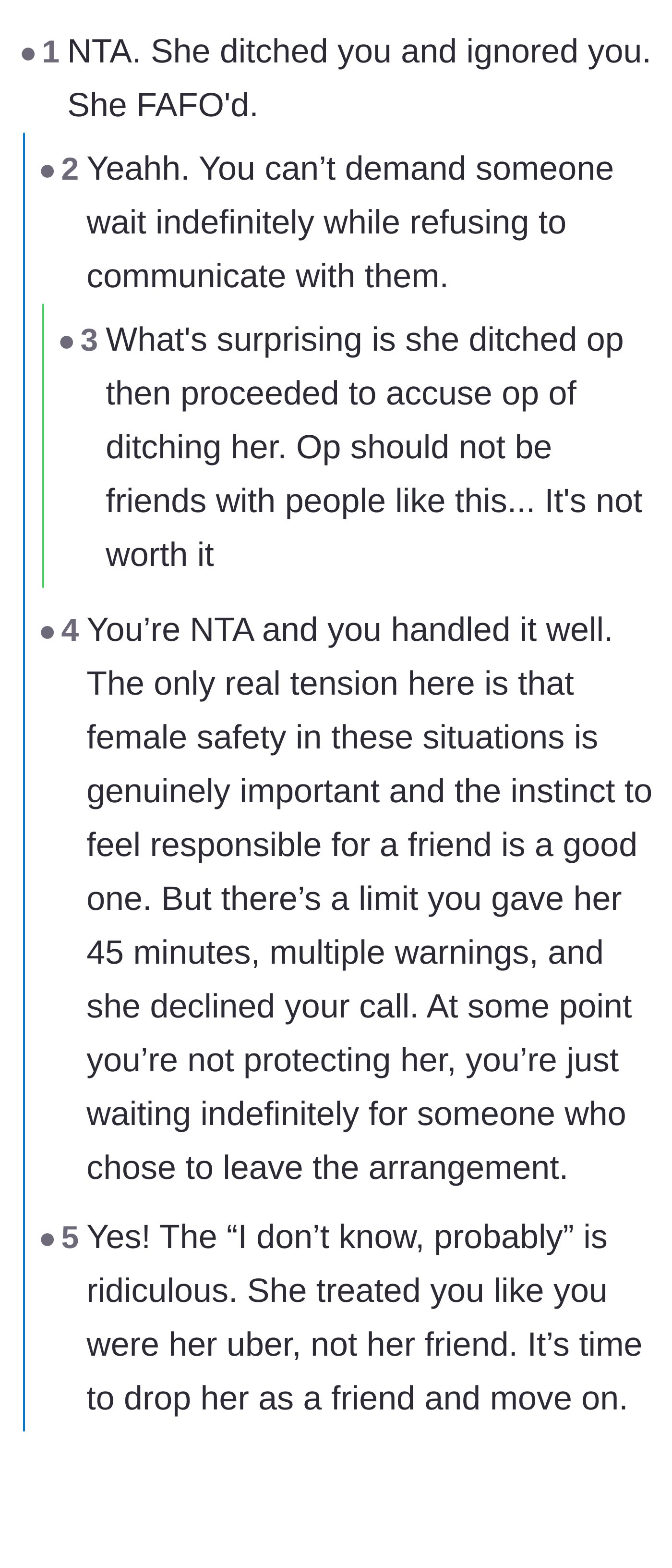 Comment thread 1 - Readers debate the hypocrisy of the ditched friend and the safety dangers of waiting alone in an empty parking lot.