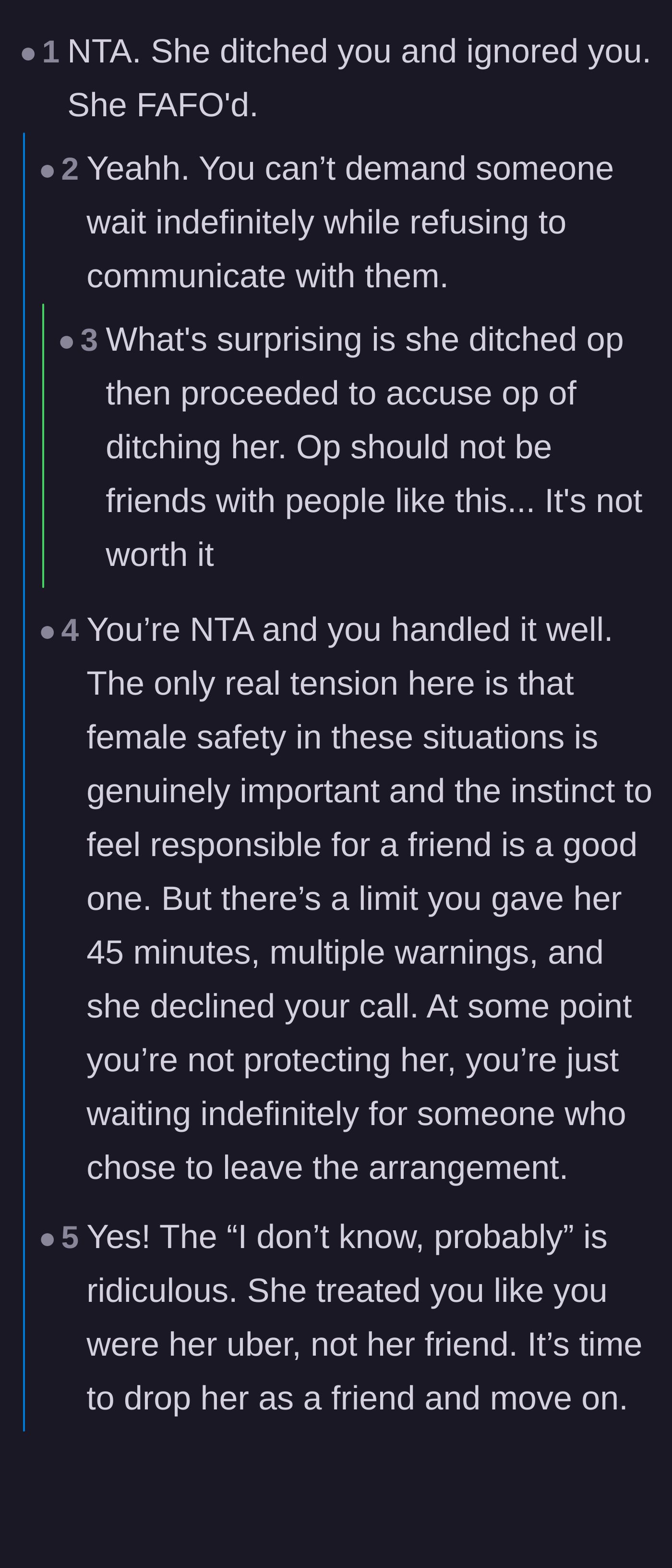 Comment thread 1 - Readers debate the hypocrisy of the ditched friend and the safety dangers of waiting alone in an empty parking lot.