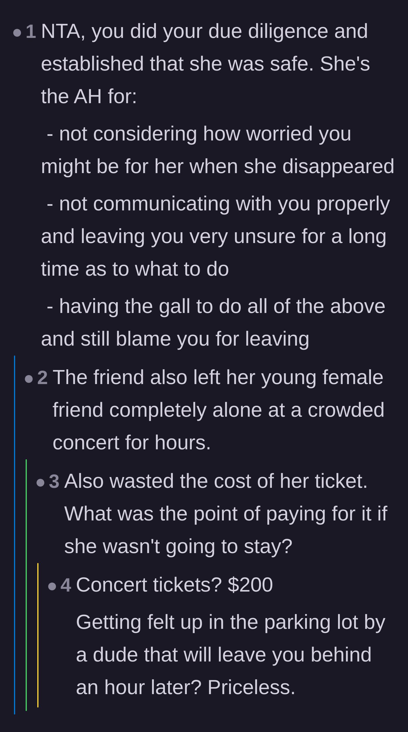 Comment thread 4 - A breakdown of the flaky friend's failures, ending with a joke about the wasted cost of a concert ticket.