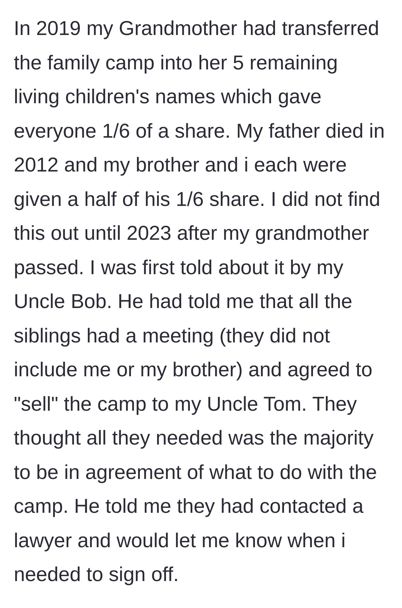 Story part 1 - A family tree diagram showing a late father's share of a property being passed to his children, overshadowed by a secret meeting.