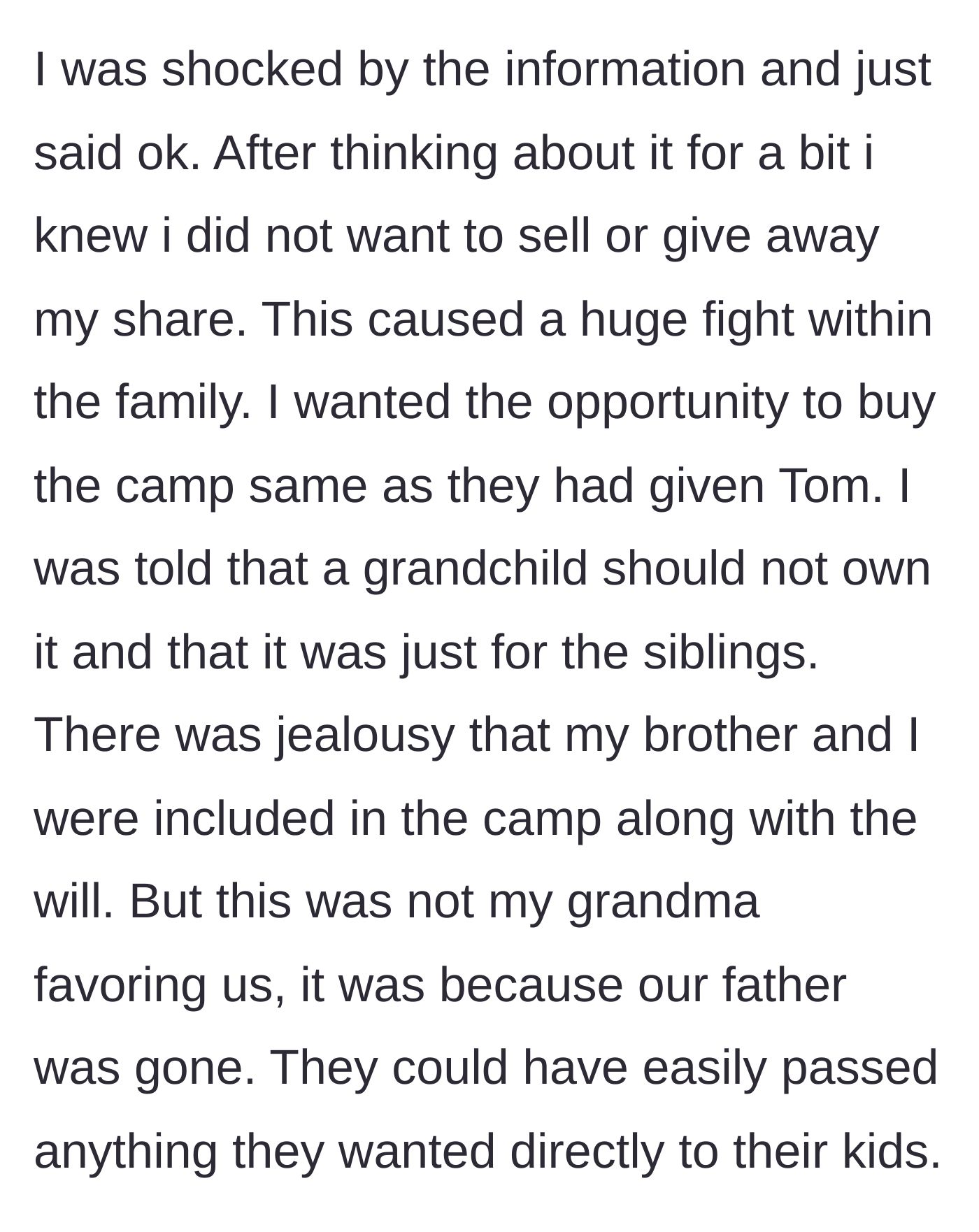 Story part 2 - A heated family dispute over property ownership, with older relatives angrily shutting down a younger family member's request to buy a share.