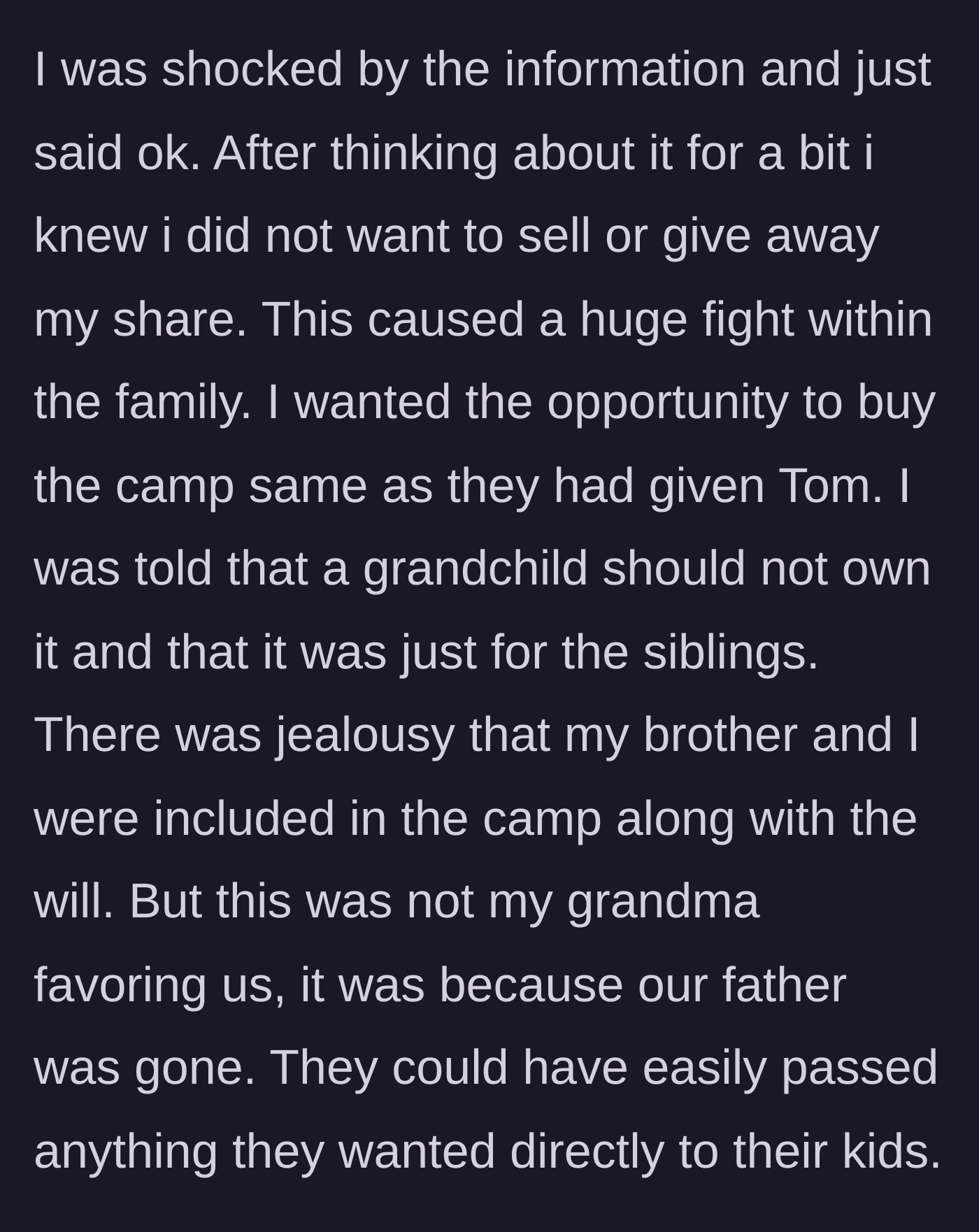 Story part 2 - A heated family dispute over property ownership, with older relatives angrily shutting down a younger family member's request to buy a share.