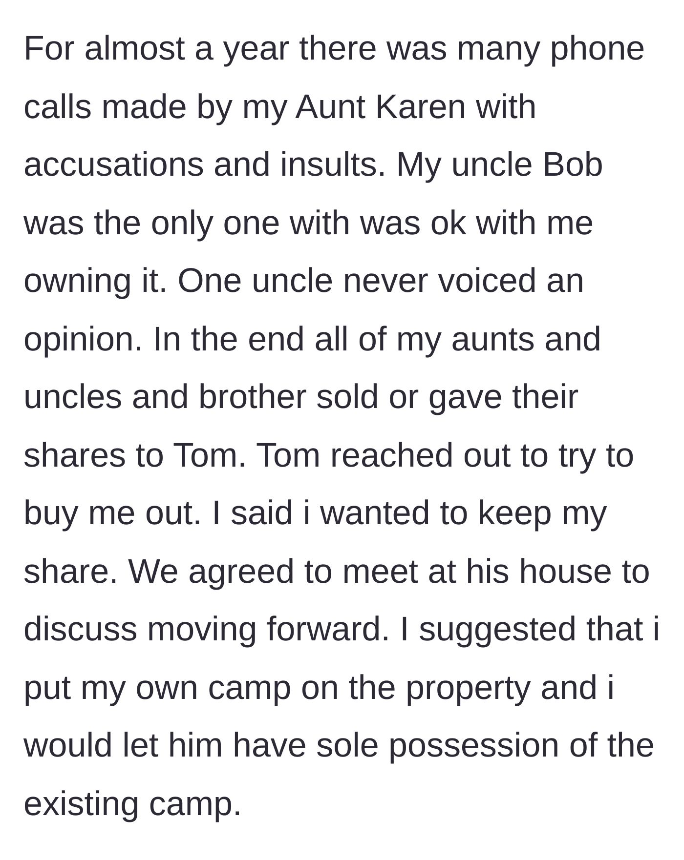 Story part 3 - A tense face-to-face meeting between an uncle and a younger relative, proposing a peaceful compromise over shared land.