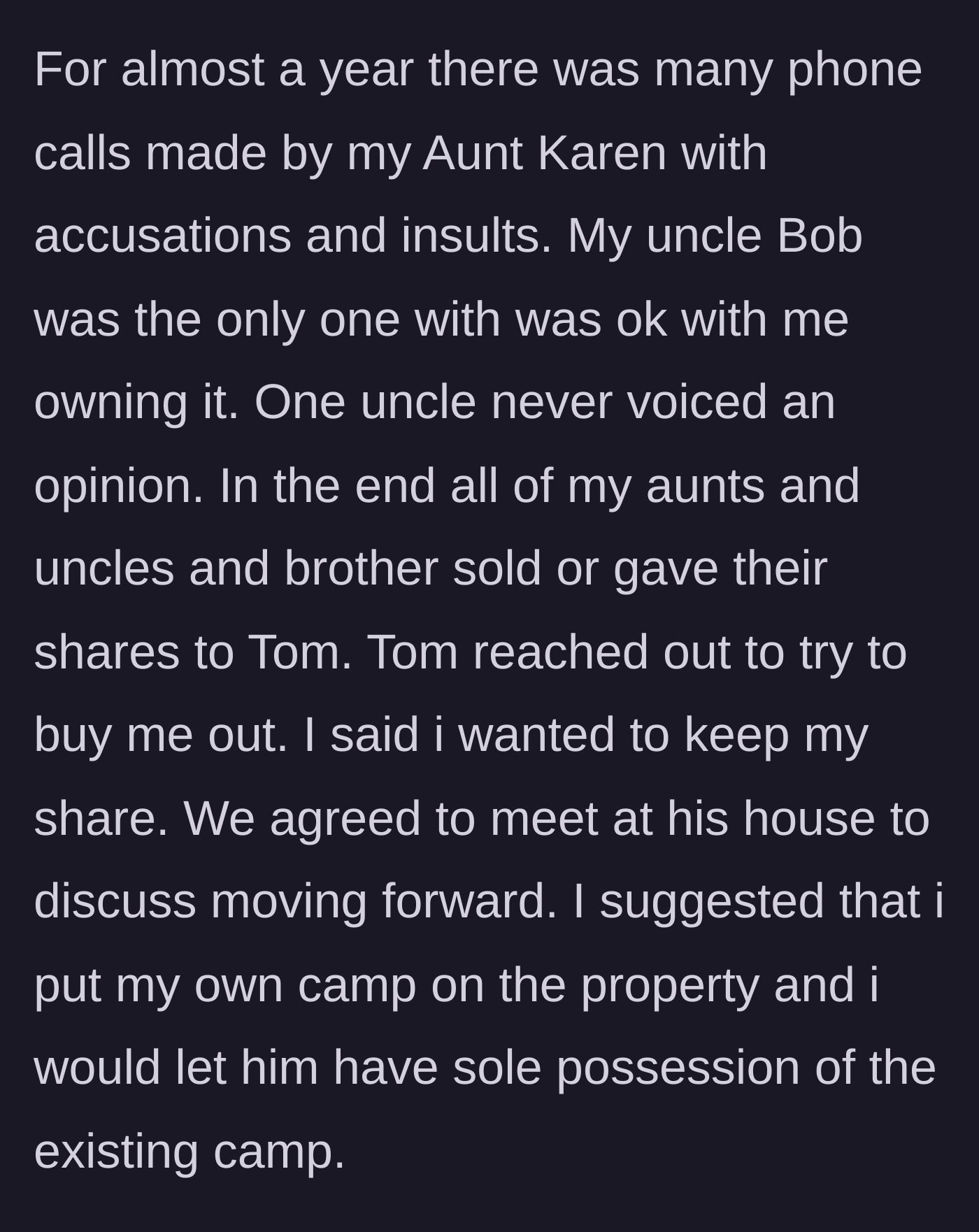 Story part 3 - A tense face-to-face meeting between an uncle and a younger relative, proposing a peaceful compromise over shared land.