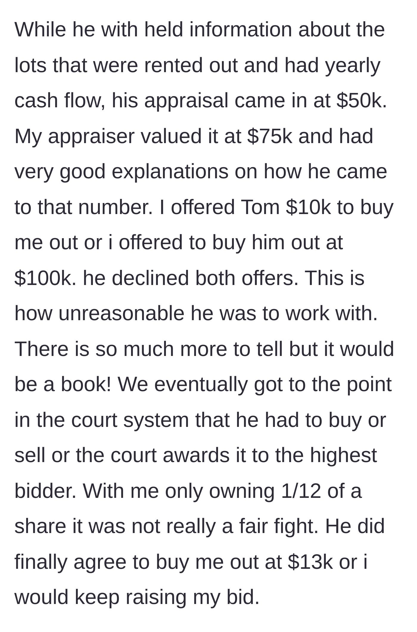 Story part 5 - Two conflicting property appraisals side-by-side, highlighting a severe financial discrepancy and a refusal to negotiate fairly.