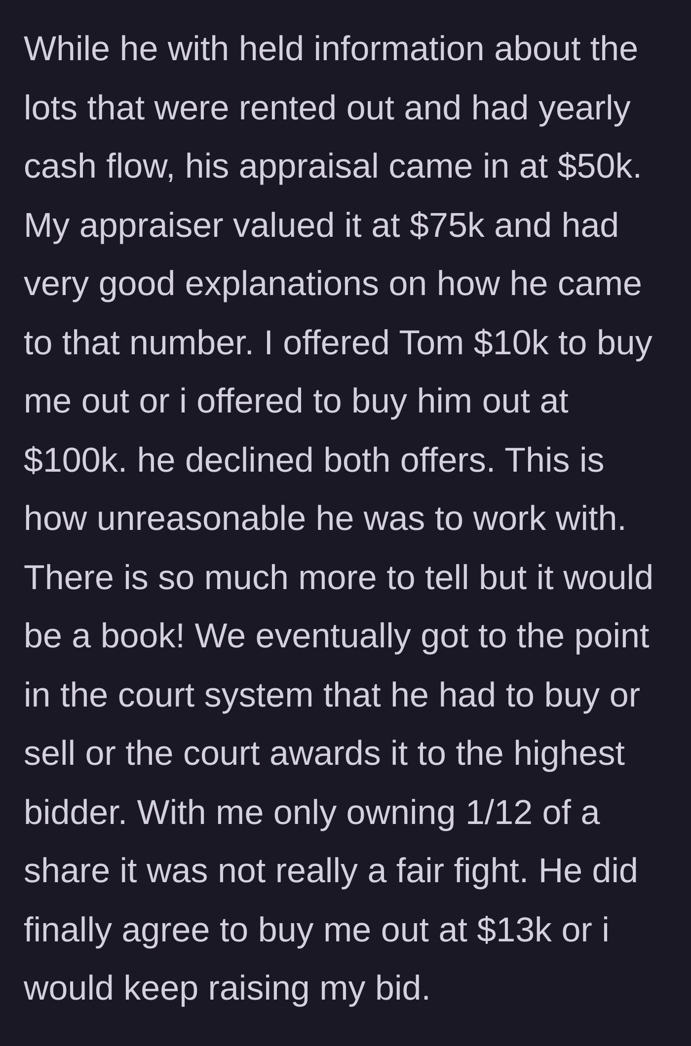 Story part 5 - Two conflicting property appraisals side-by-side, highlighting a severe financial discrepancy and a refusal to negotiate fairly.