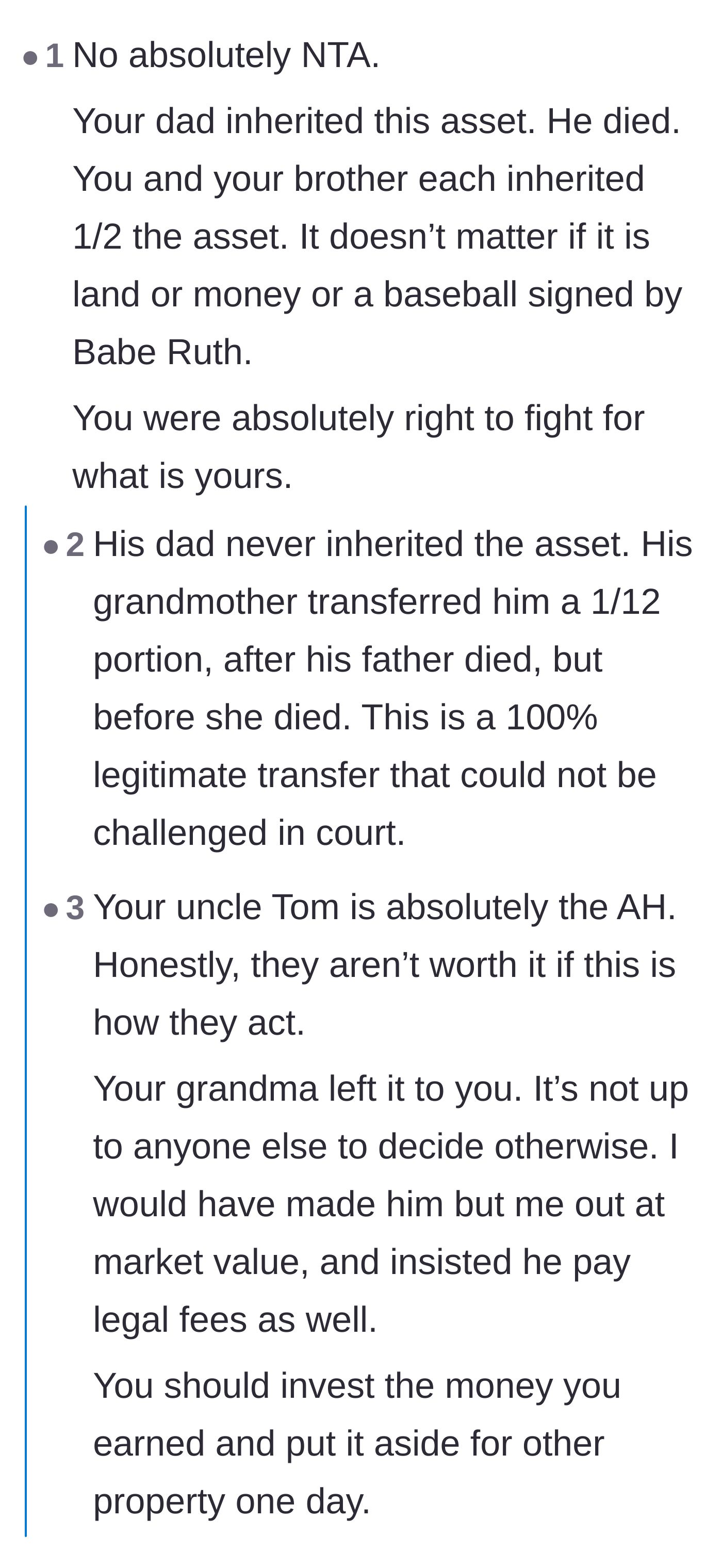 Comment thread 2 - A breakdown of why the property transfer was completely legitimate and why a child has every right to their late parent's share.