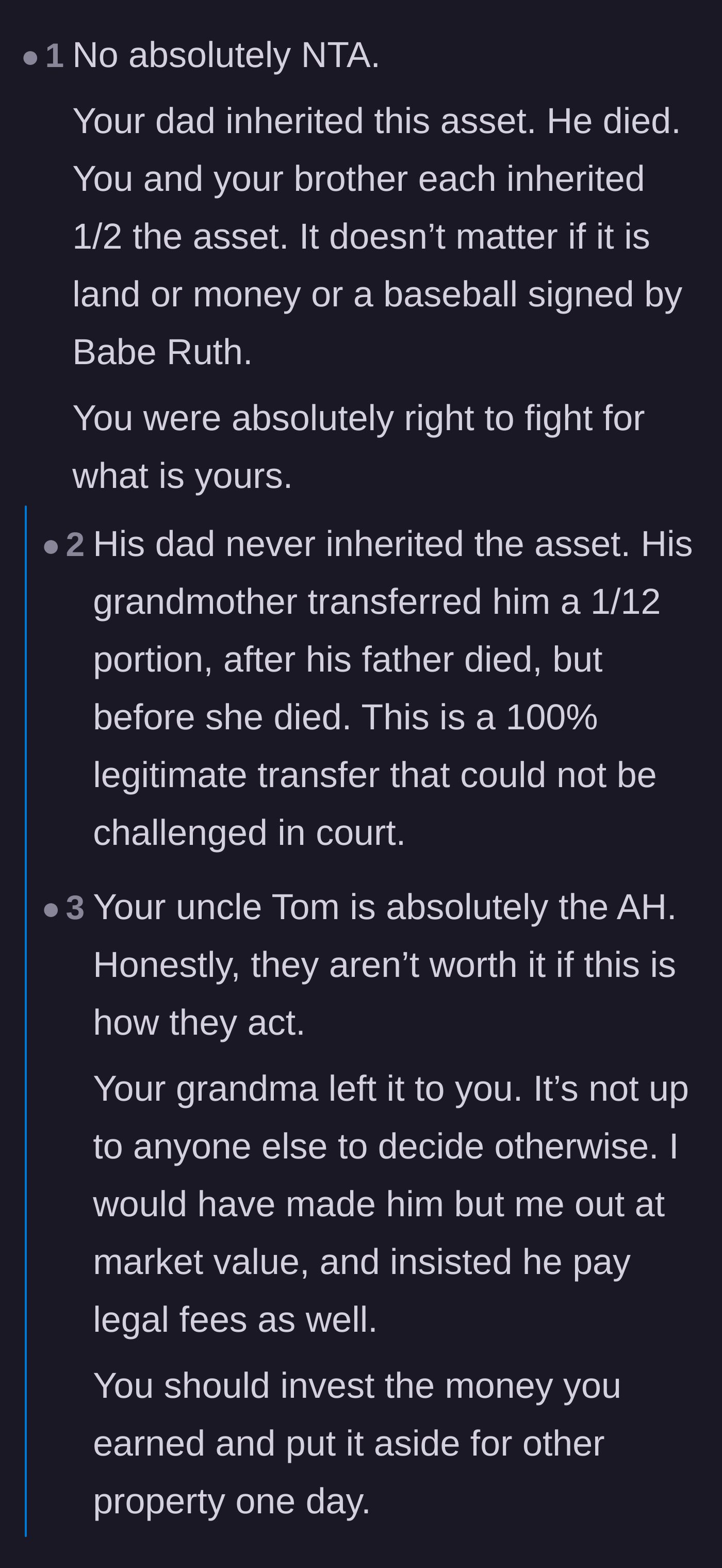 Comment thread 2 - A breakdown of why the property transfer was completely legitimate and why a child has every right to their late parent's share.