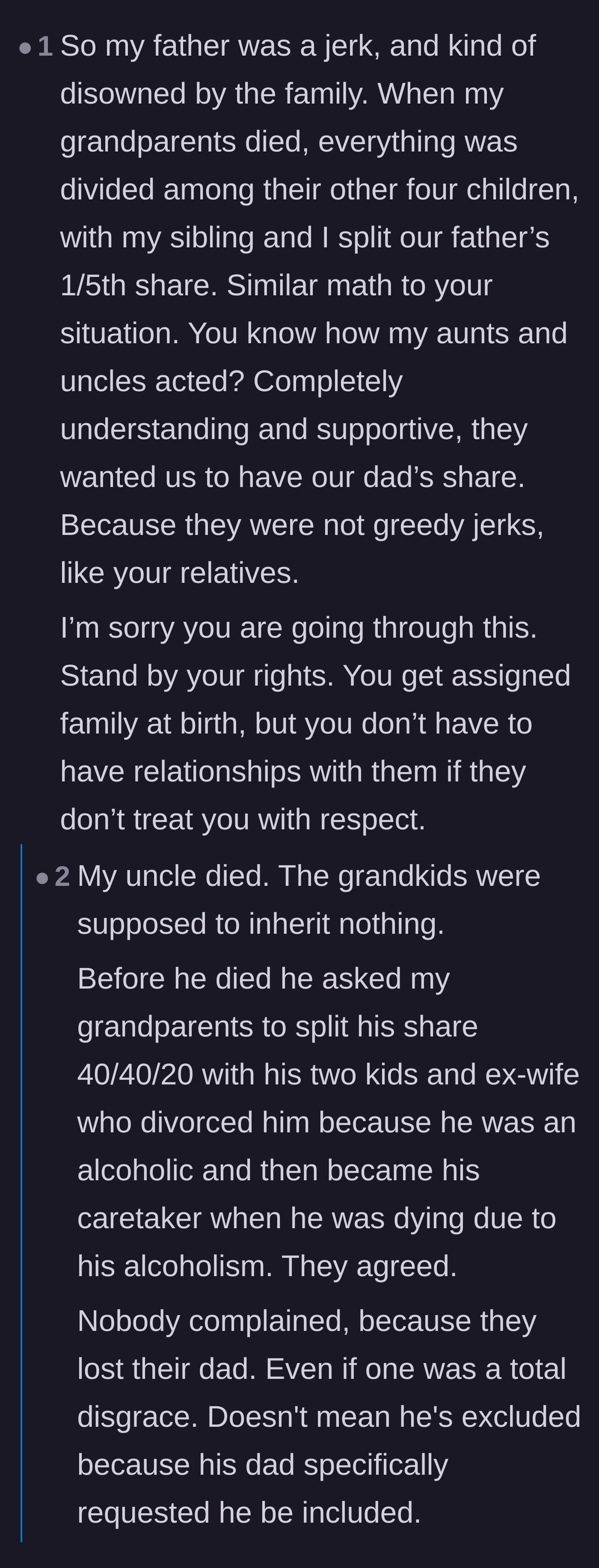 Comment thread 3 - A contrasting personal story where a family lovingly honored a late father's share for his grieving children.