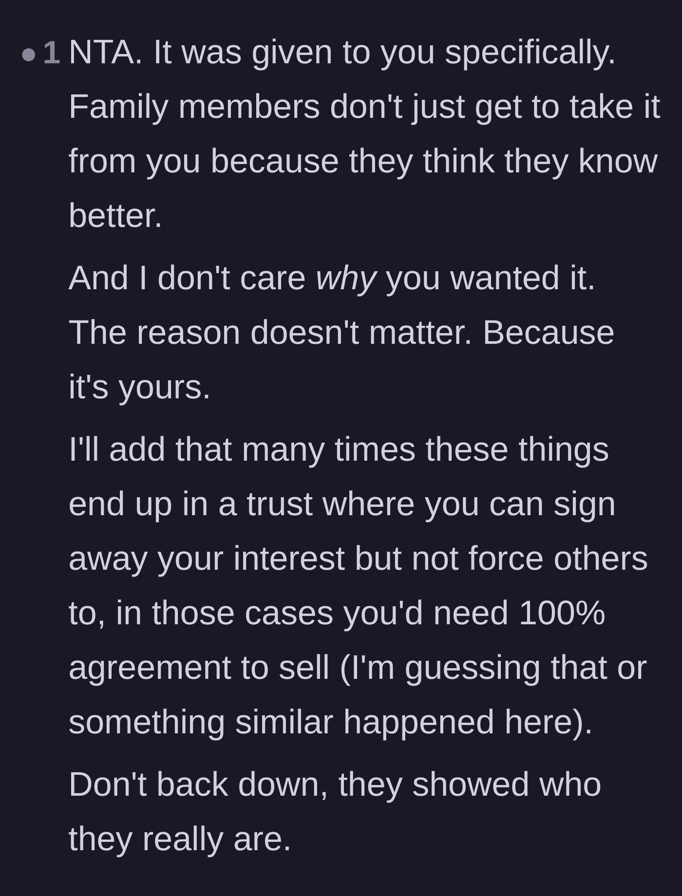 Comment thread 4 - Encouragement for the main character to hold their ground against relatives who felt entitled to overrule a grandmother's final wishes.