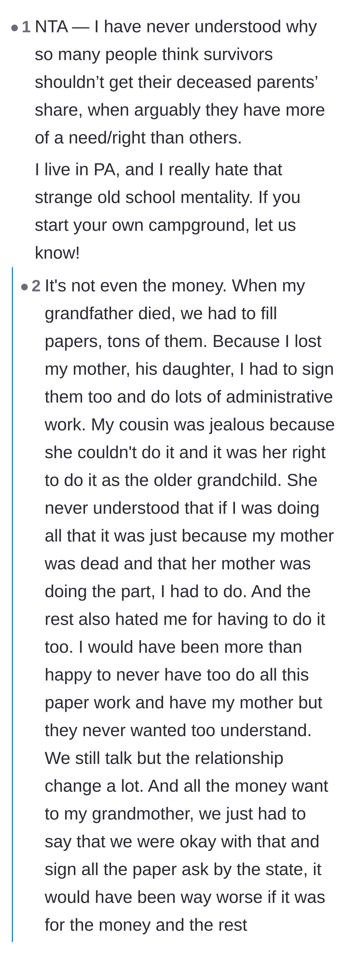 Comment thread 6 - A poignant conversation about the illogical and cruel tendency of older relatives to exclude surviving children from an inheritance.