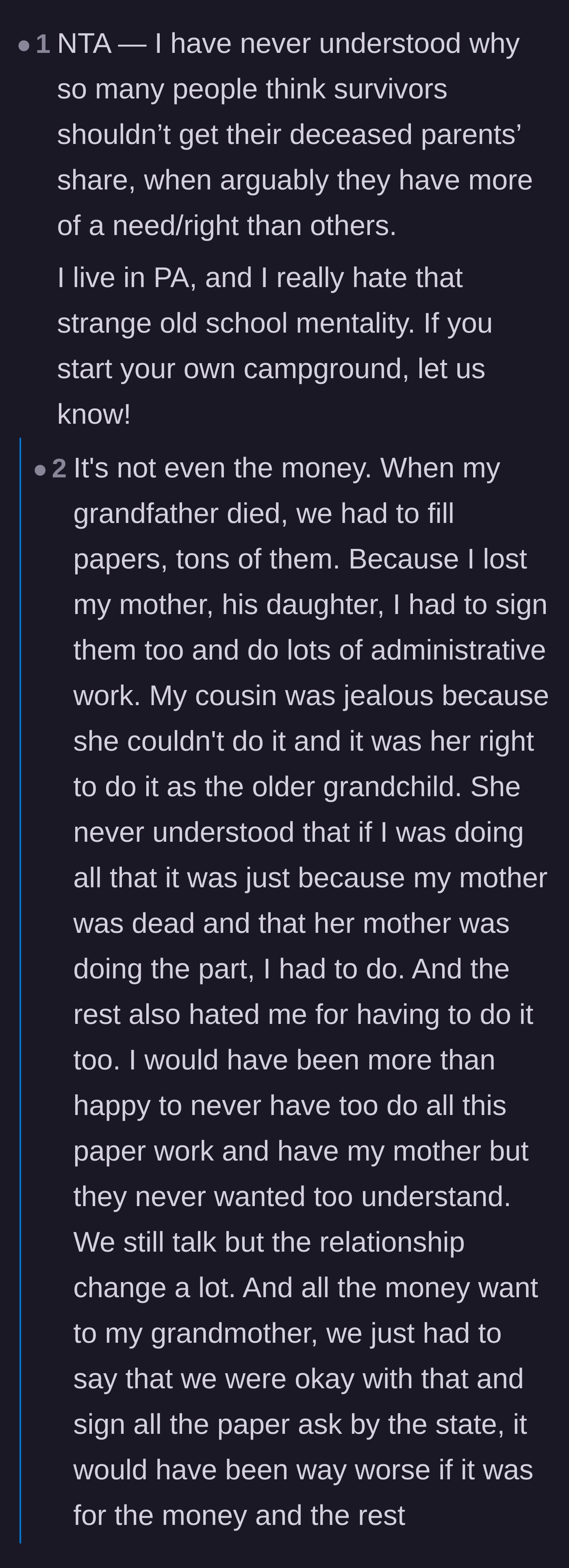 Comment thread 6 - A poignant conversation about the illogical and cruel tendency of older relatives to exclude surviving children from an inheritance.