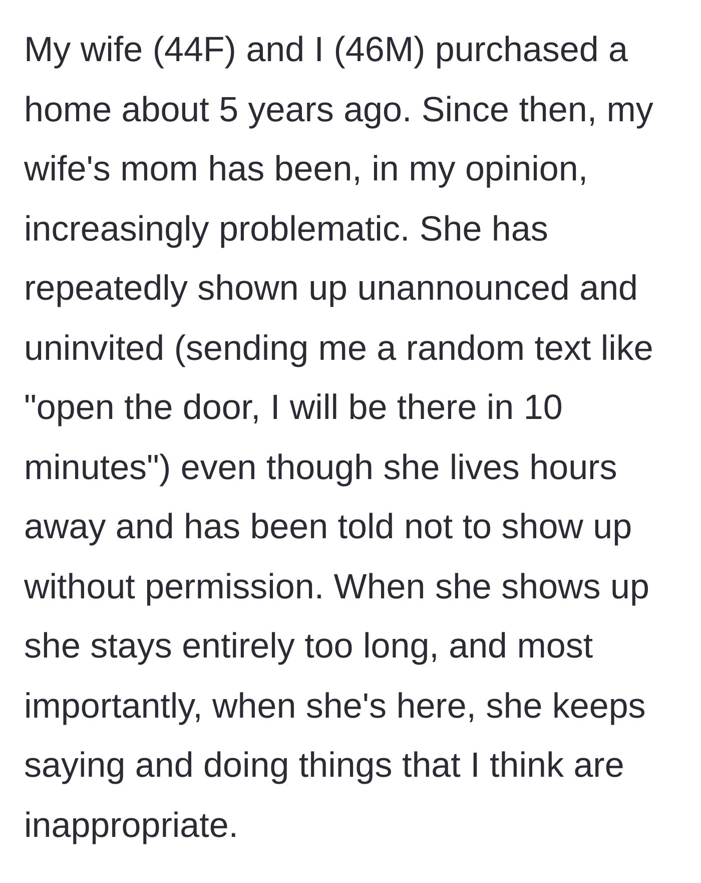 Story part 1 - A mother-in-law repeatedly texting that she is arriving uninvited to the couple's home in ten minutes.