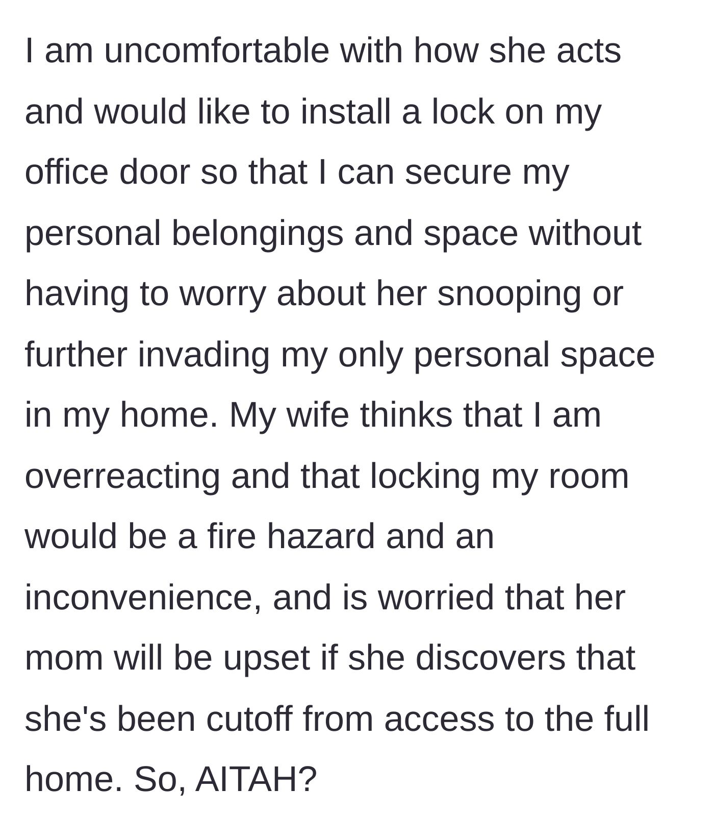 Story part 4 - The husband wanting to install a lock while the wife makes excuses to protect her mother's feelings.