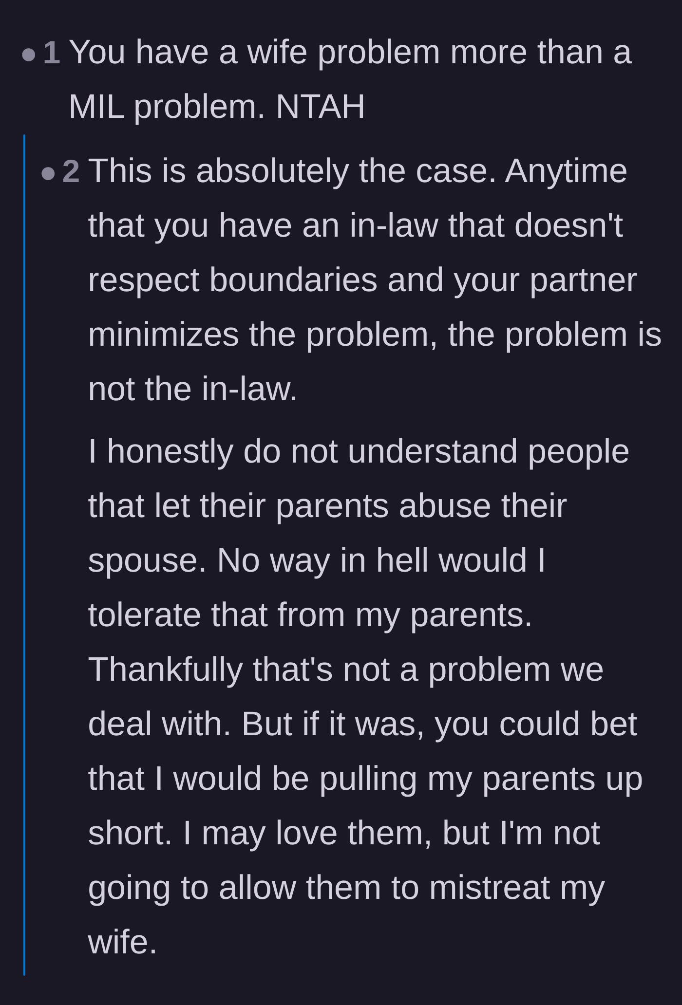 Comment thread 1 - Readers pointing out that the husband actually has a wife problem, not just a mother-in-law problem.