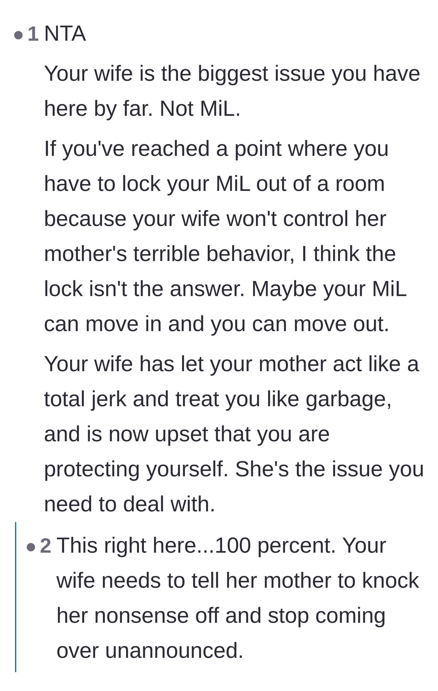 Comment thread 2 - Advice urging the husband to issue a blunt ultimatum or prepare for divorce after five years of enabling.