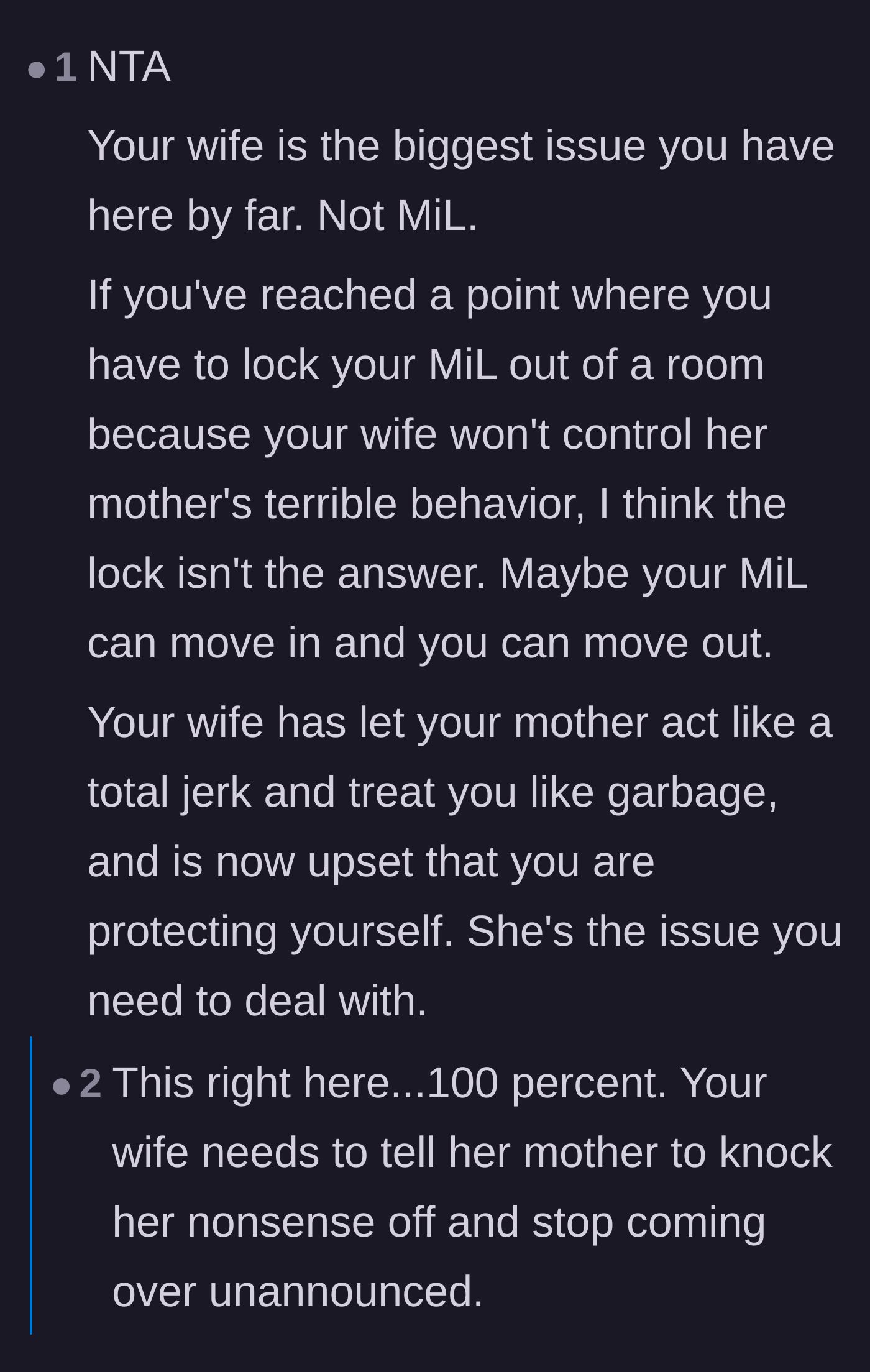 Comment thread 2 - Advice urging the husband to issue a blunt ultimatum or prepare for divorce after five years of enabling.