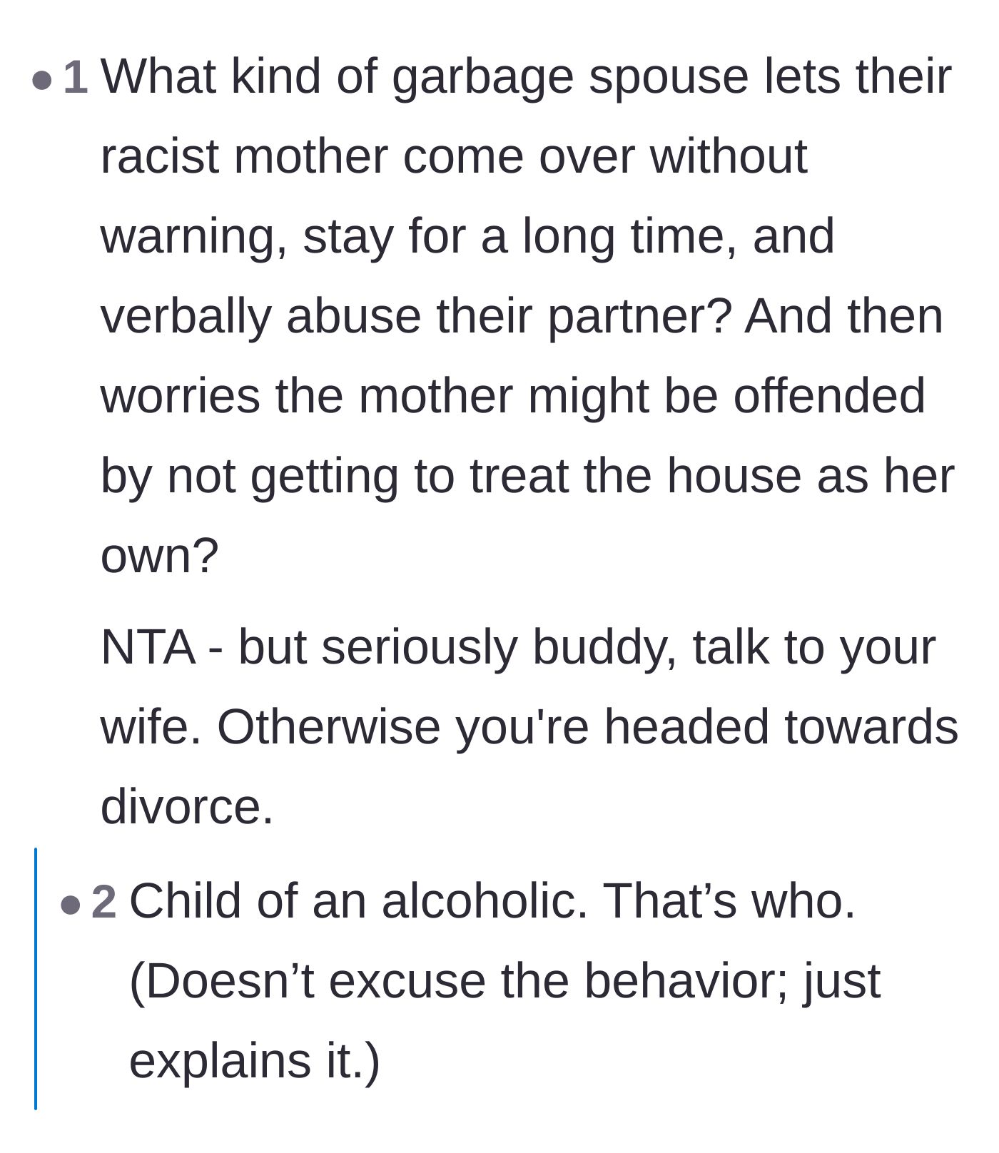 Comment thread 3 - A commenter suggesting the wife's failure to set boundaries stems from being the child of an alcoholic.