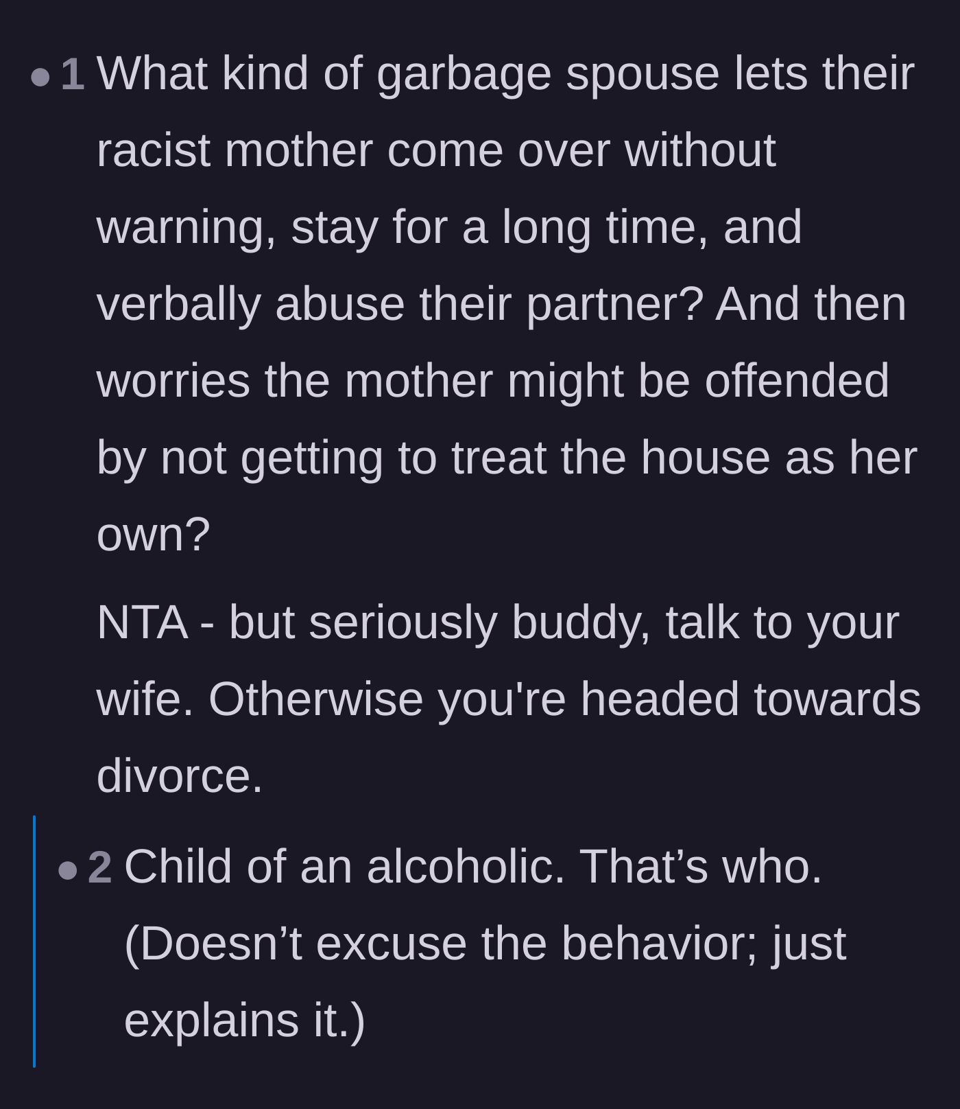 Comment thread 3 - A commenter suggesting the wife's failure to set boundaries stems from being the child of an alcoholic.