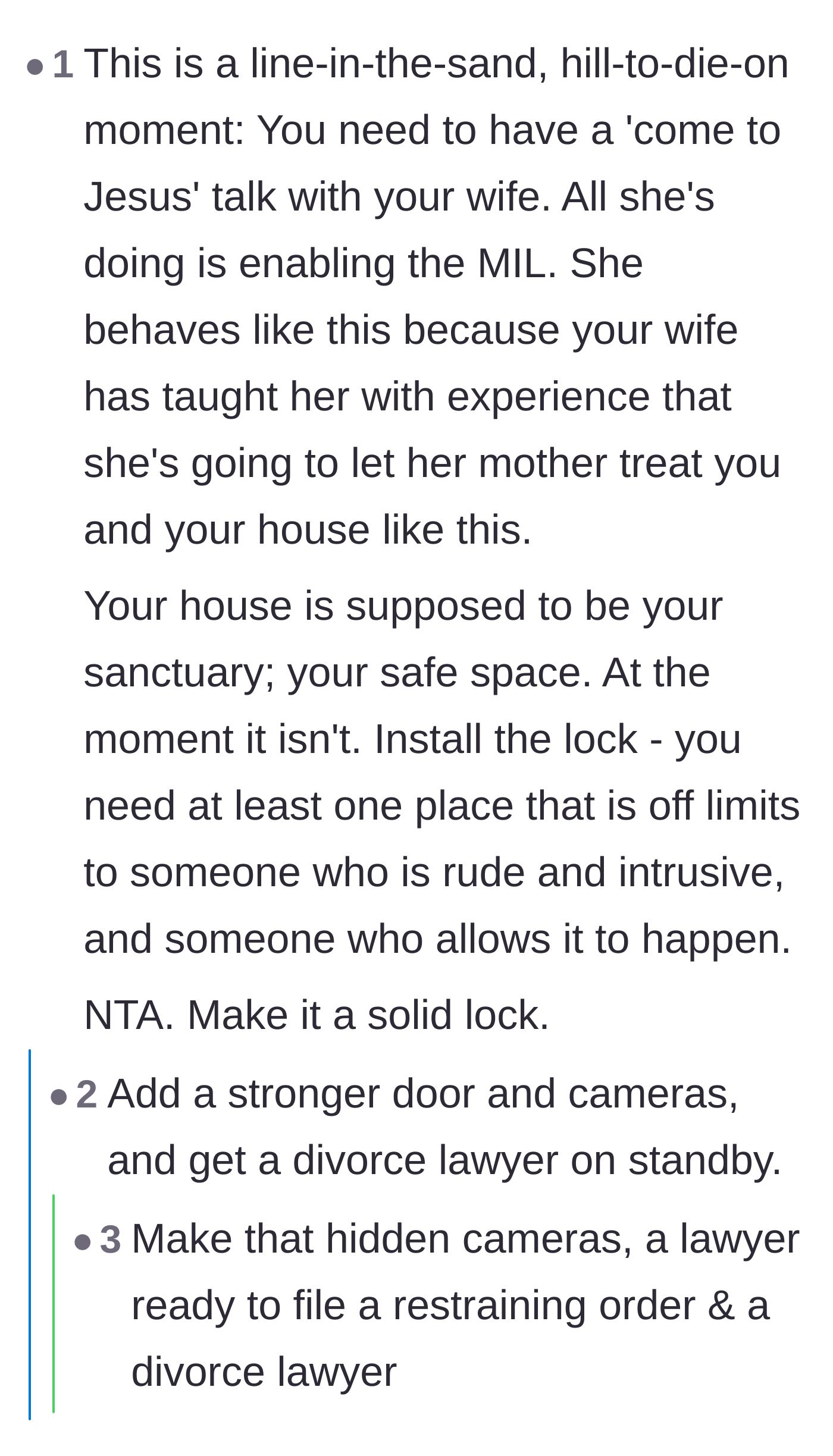 Comment thread 4 - Supporters validating the husband's need for a sanctuary and encouraging him to install a solid lock.