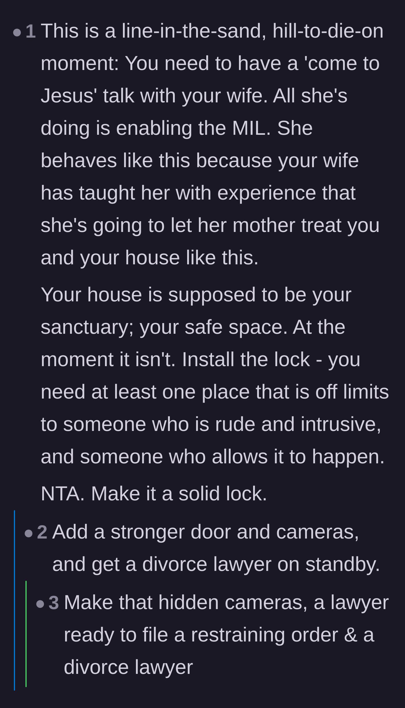 Comment thread 4 - Supporters validating the husband's need for a sanctuary and encouraging him to install a solid lock.