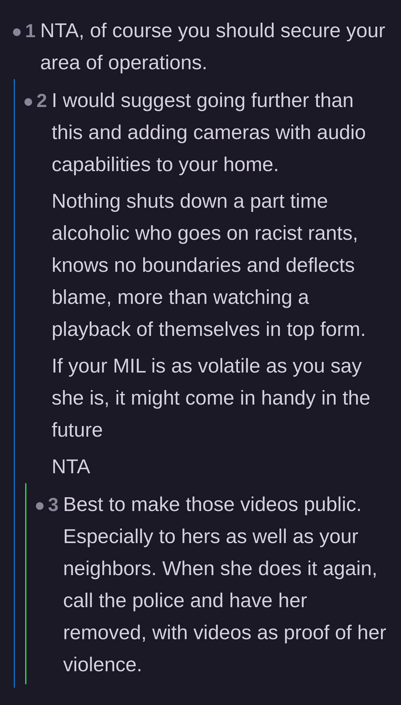Comment thread 5 - Suggestions to install cameras with audio to document the mother-in-law's racist and drunken outbursts.