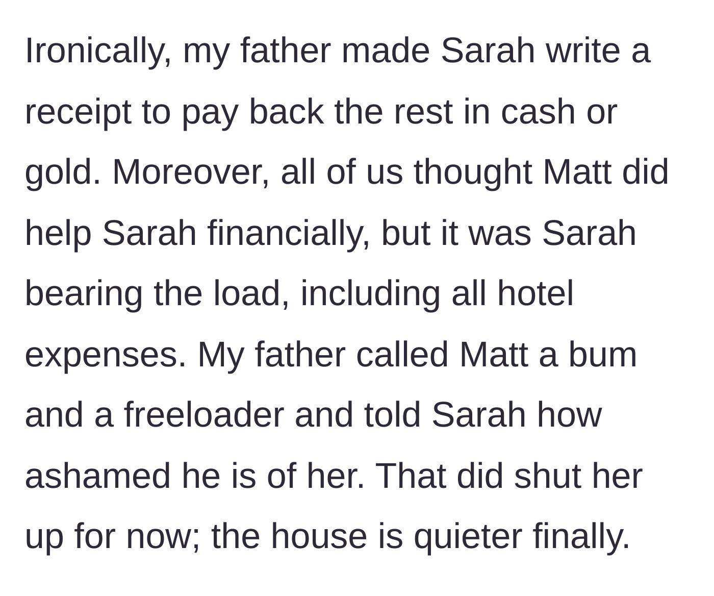 Story part 11 - The father forces the sister to write an IOU and exposes the new husband as a freeloader.