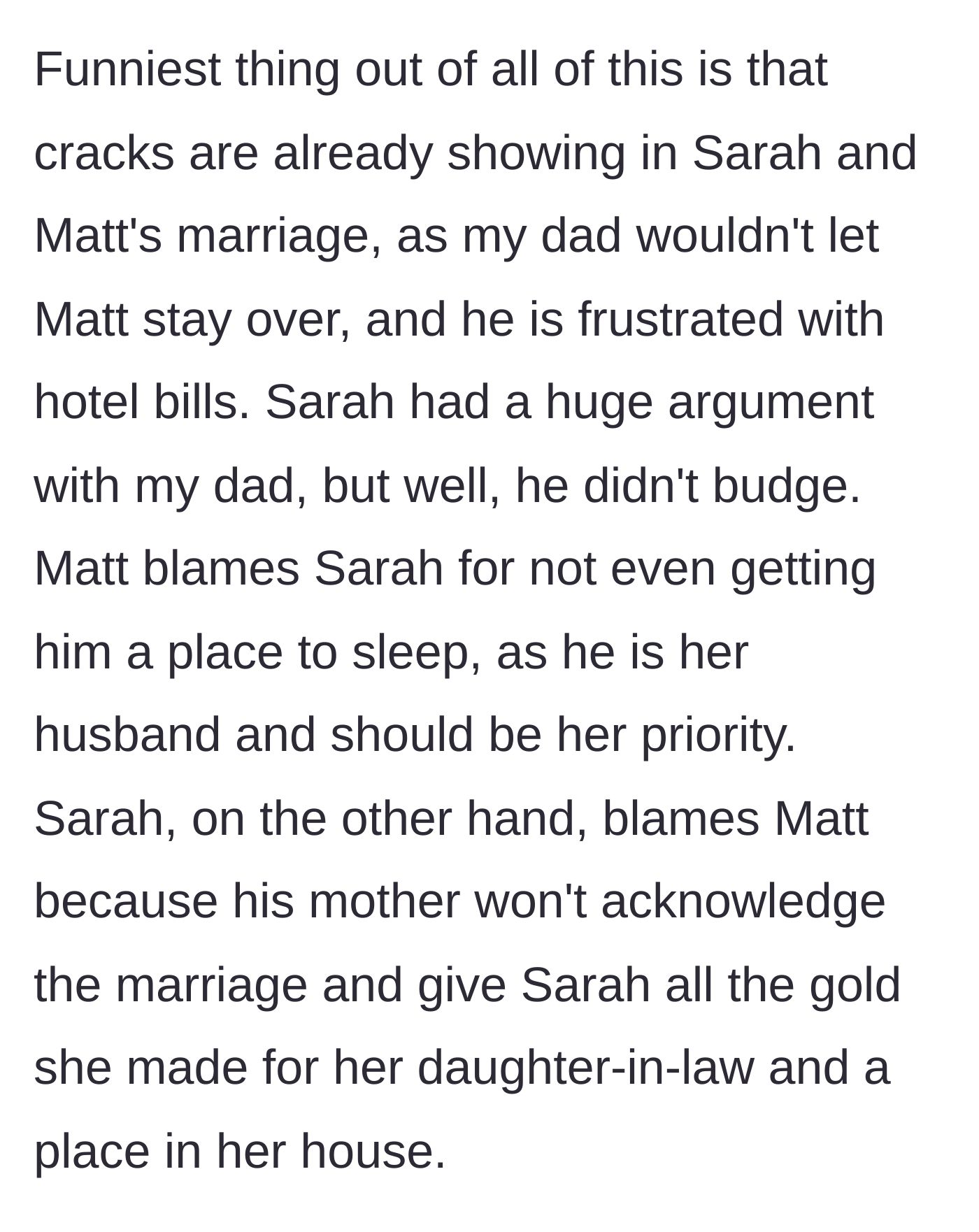 Story part 4 - Financial realities hit the newlyweds, leading to intense finger-pointing.