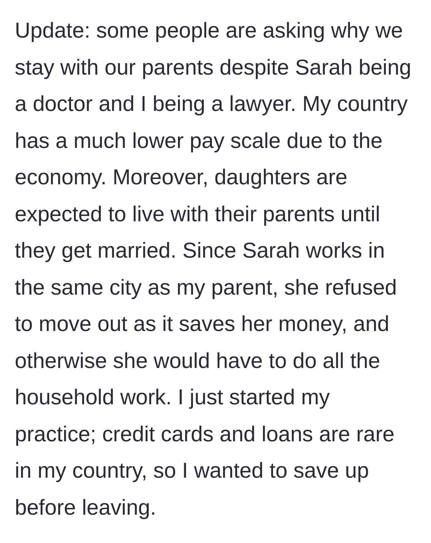 Story part 6 - Cultural and economic context regarding living with parents as working professionals.
