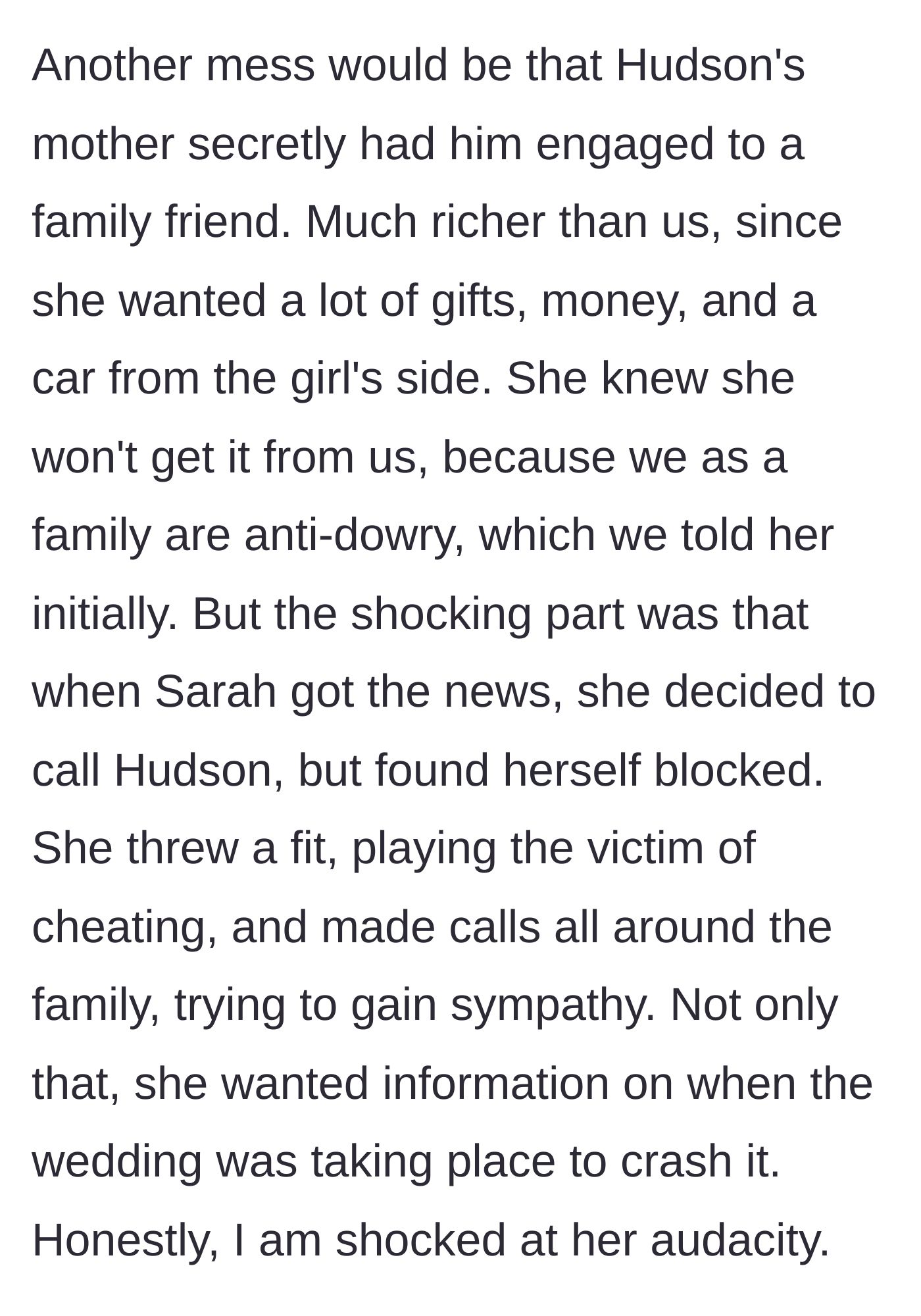 Story part 9 - The sister attempts to crash her ex-fiancé's upcoming wedding out of spite.